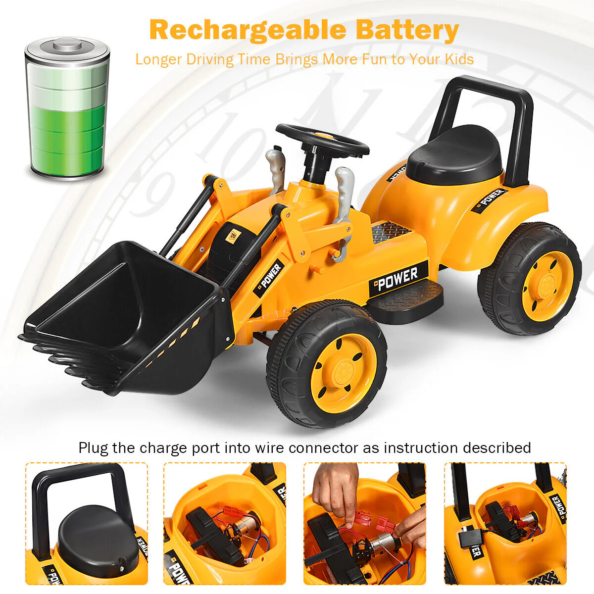 6V Battery Powered Kids Excavator Digger Tractor with Digging Bucket - Yellow - Image 9