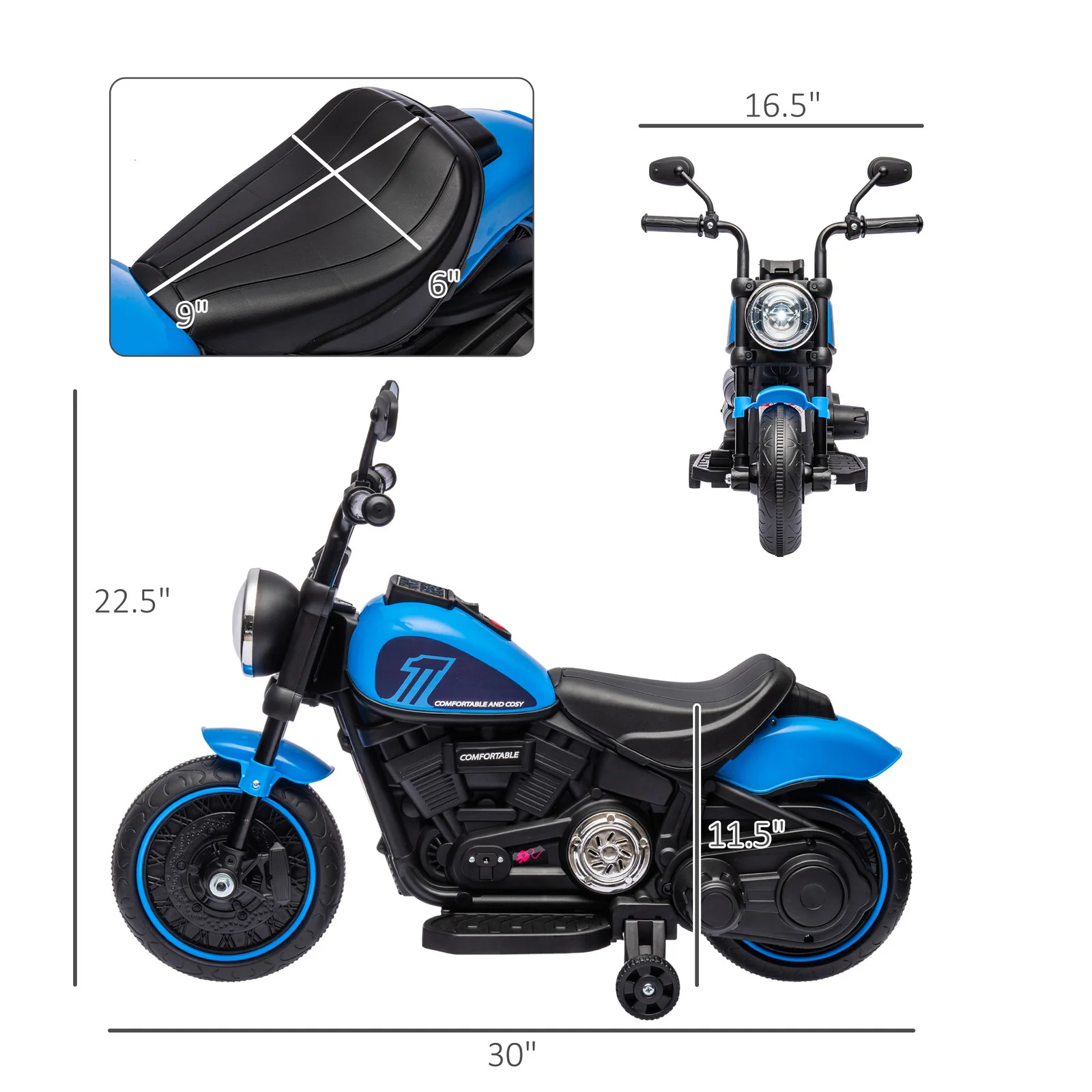 6V Kids Motorcycle with Training Wheels and Single Button Start Blue - Image 2