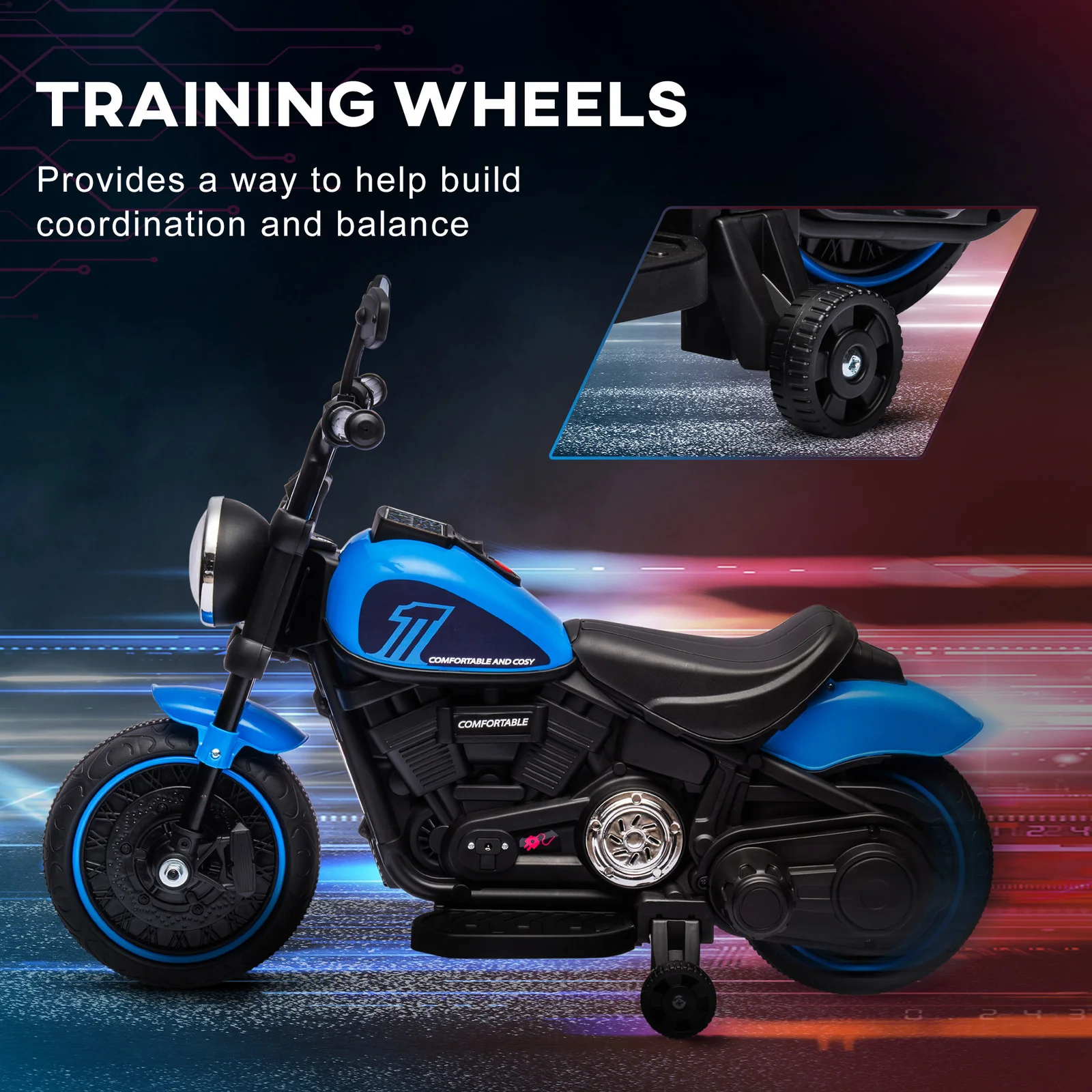 6V Kids Motorcycle with Training Wheels and Single Button Start Blue - Image 6