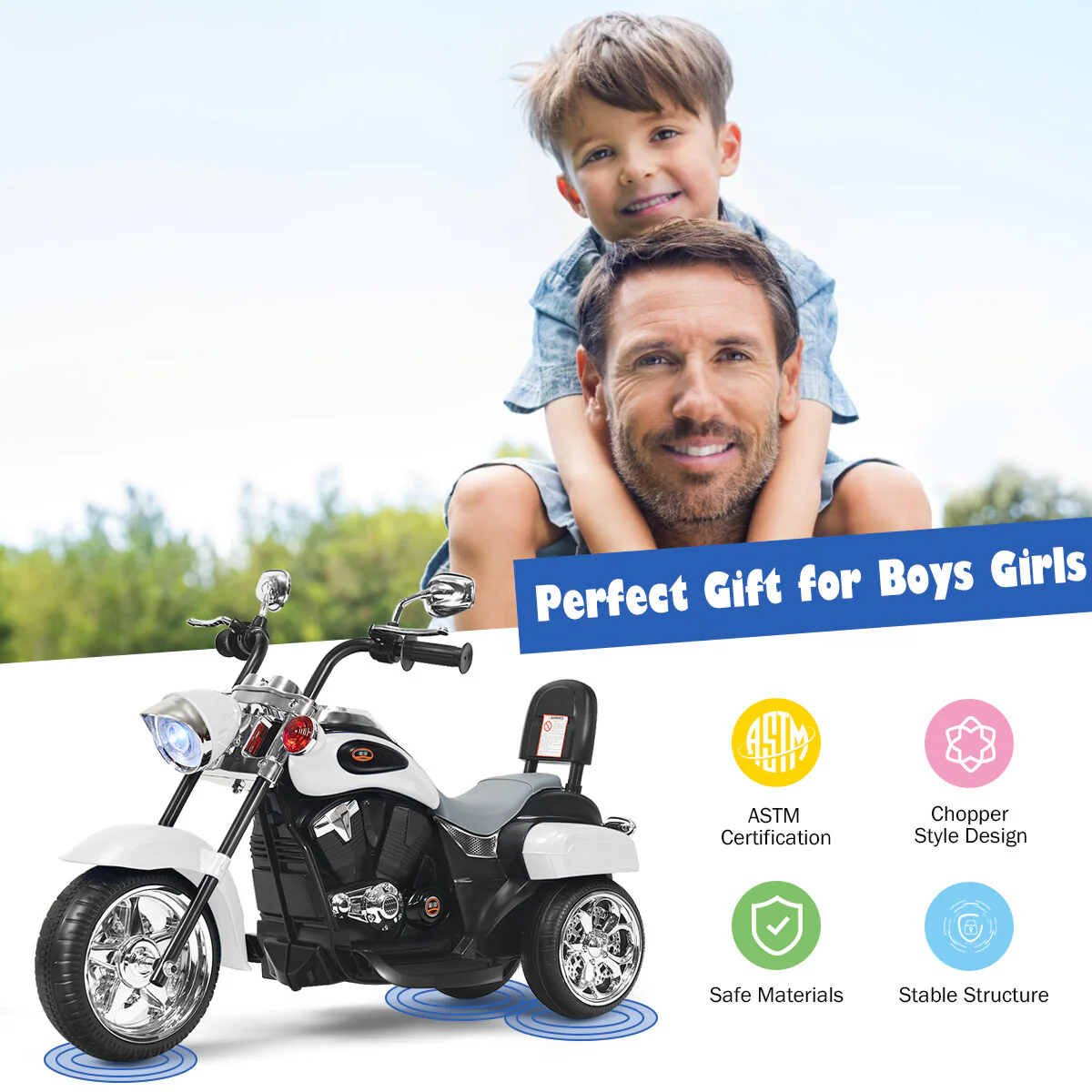 6V Kids Ride-On 3-Wheel Chopper Motorcycle Trike with Headlight, Horn, and Music - Image 6