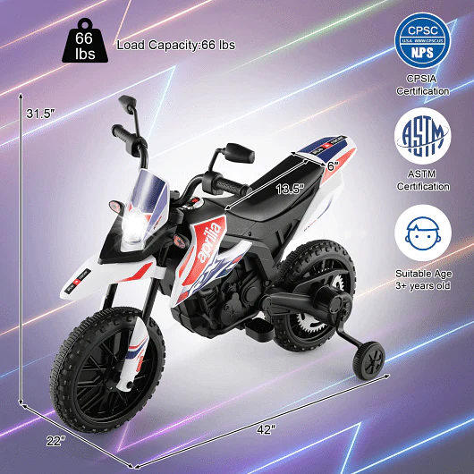 Aprilia Licensed Kids Ride On Motorcycle with 2 Training Wheels in White - Image 4