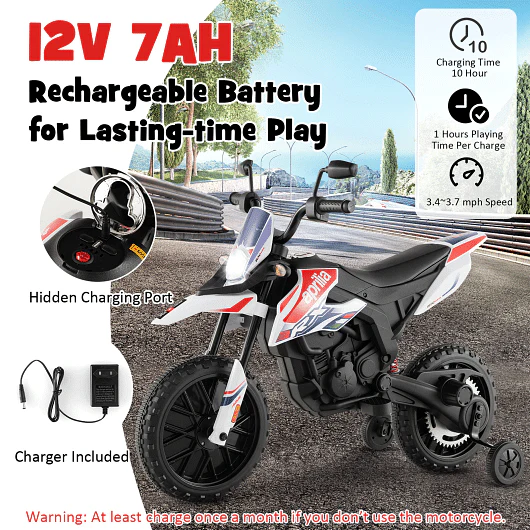 Aprilia Licensed Kids Ride On Motorcycle with 2 Training Wheels in White - Image 5