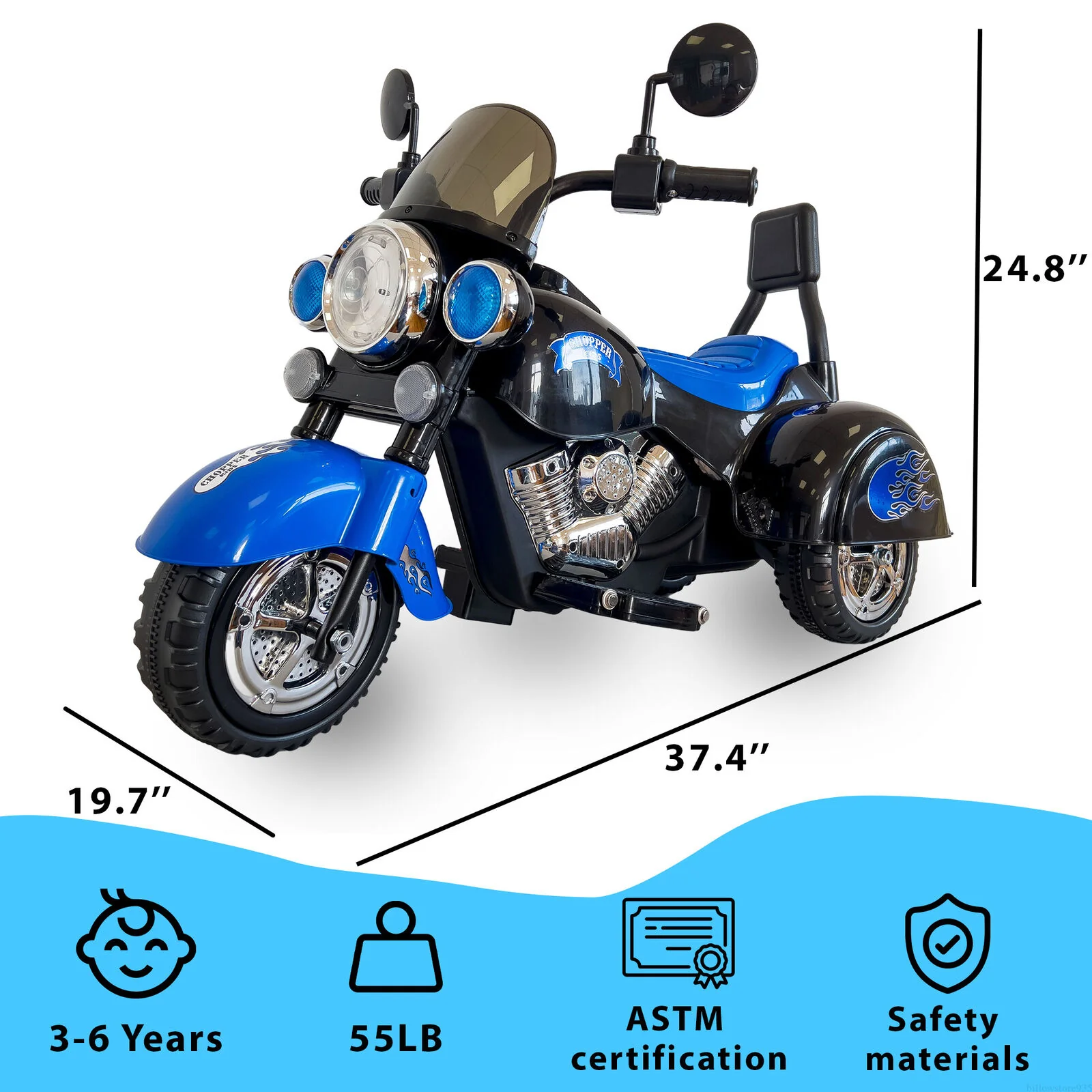 Blue 3-Wheel Motorbike for Kids with LED Headlight and Colorful Design - Image 4