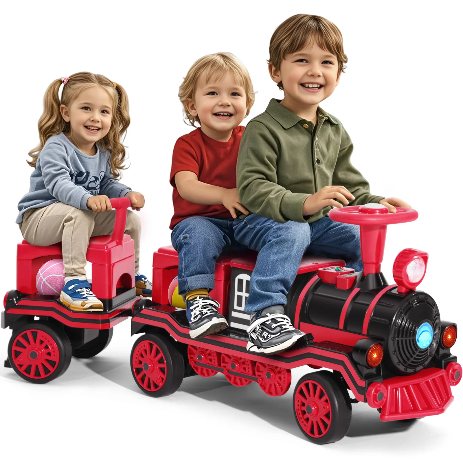 12V Large Blue and Red 2-Seater Electric Ride-On Train for Kids with Music, Lights, and Storage
