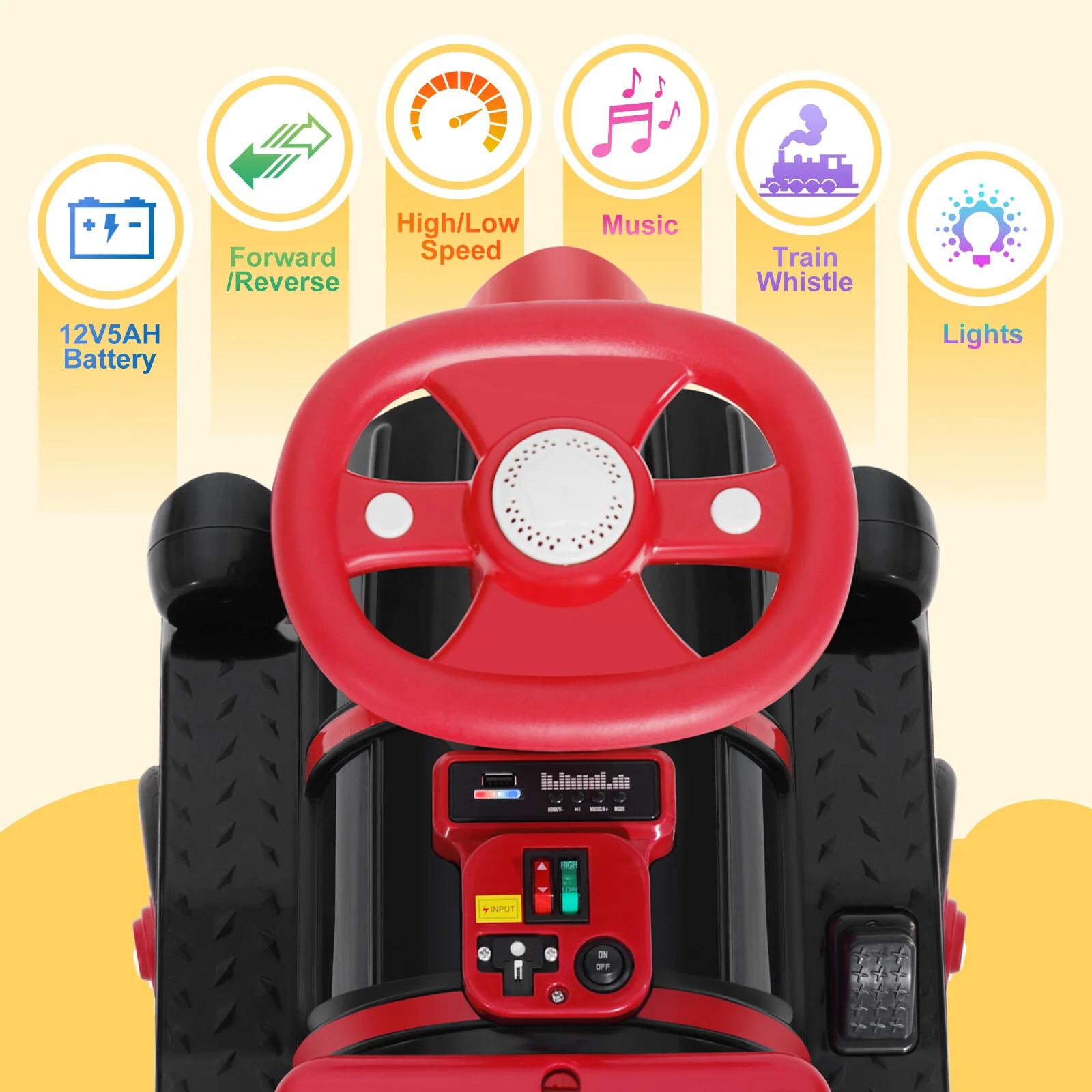 12V Large Blue and Red 2-Seater Electric Ride-On Train for Kids with Music, Lights, and Storage - Image 19