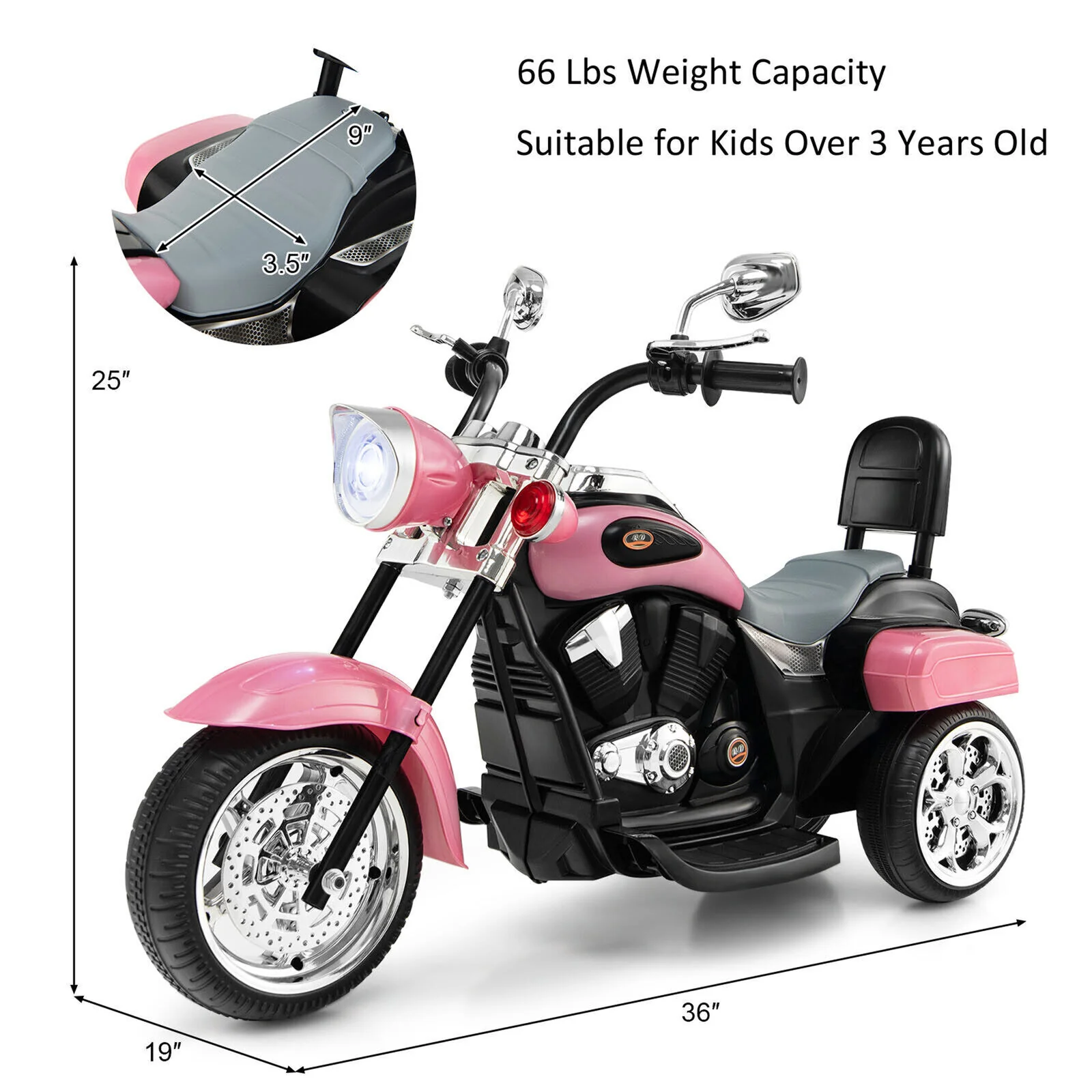 Chic Pink 3-Wheel Chopper Motorcycle for Kids with Headlight - Image 2