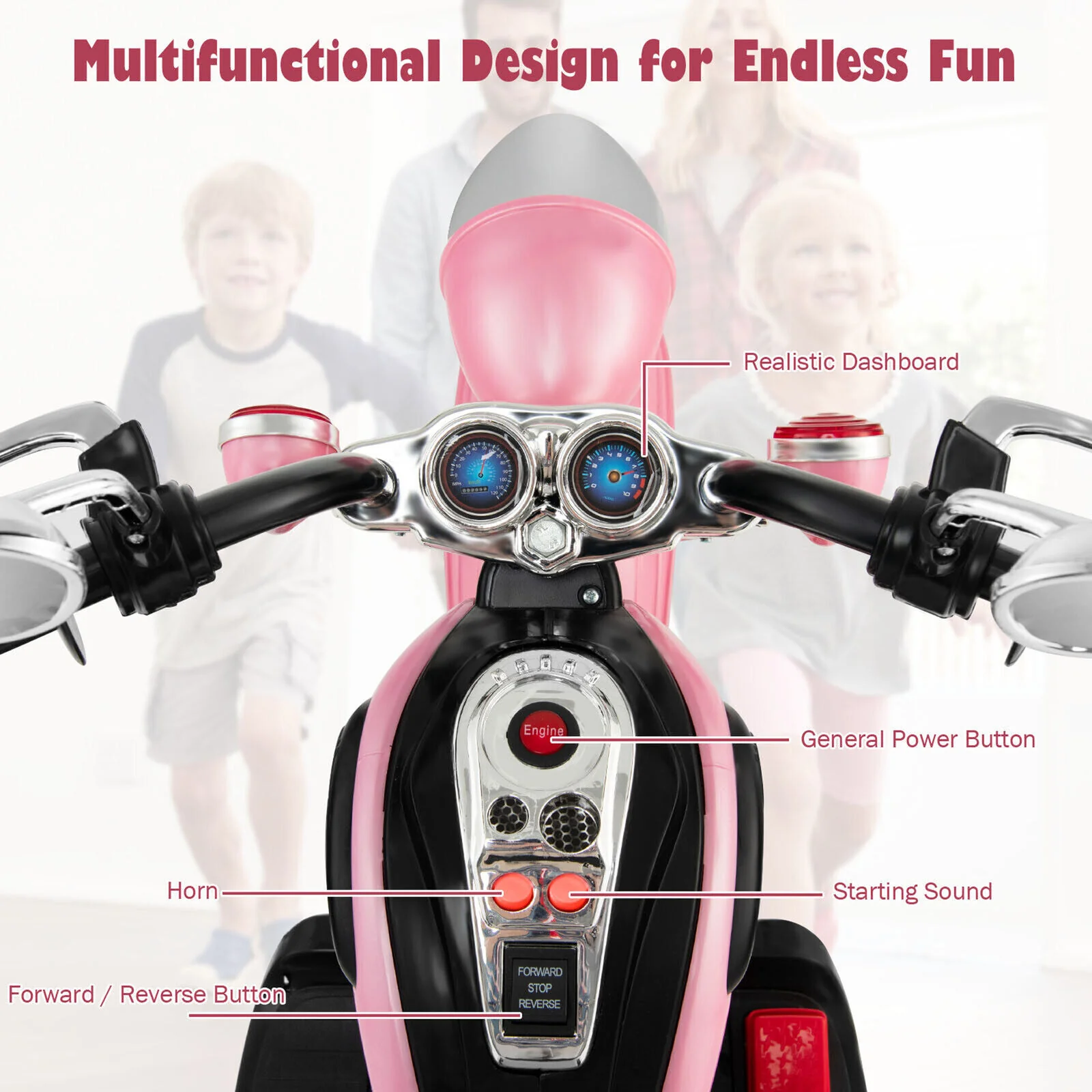 Chic Pink 3-Wheel Chopper Motorcycle for Kids with Headlight - Image 4