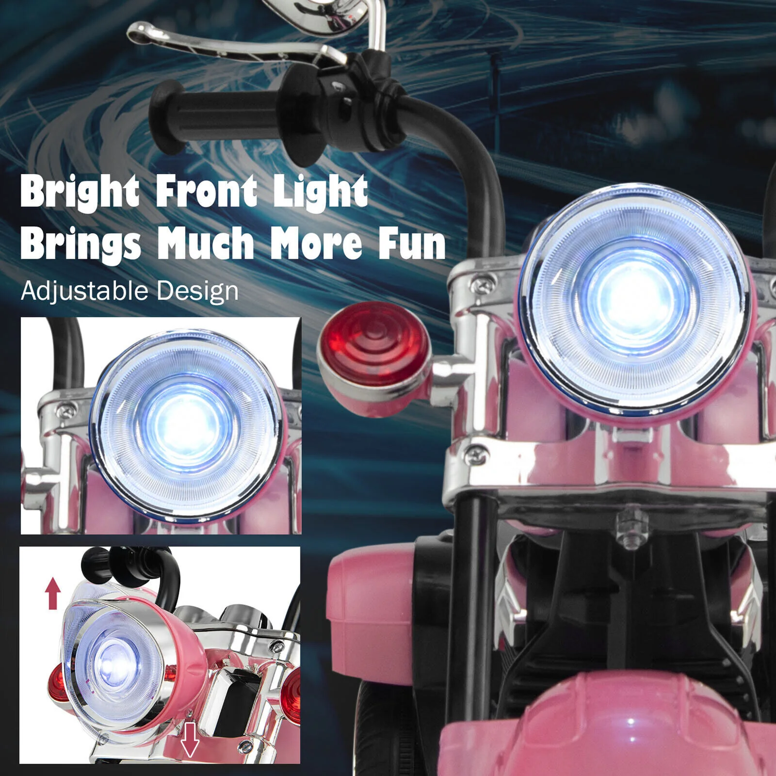 Chic Pink 3-Wheel Chopper Motorcycle for Kids with Headlight - Image 5