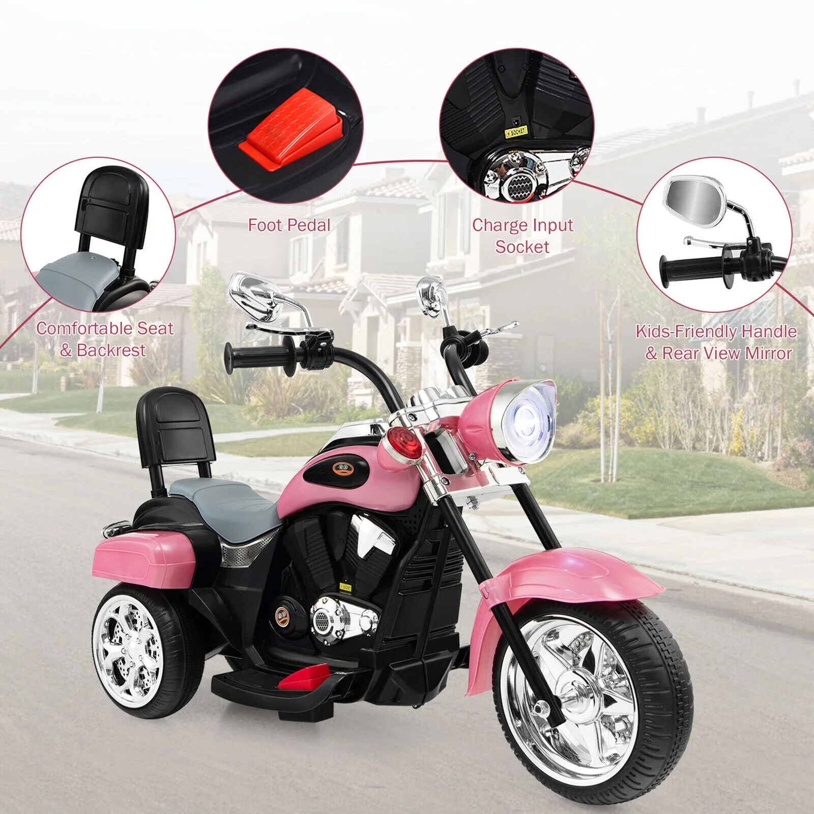 Chic Pink 3-Wheel Chopper Motorcycle for Kids with Headlight - Image 7