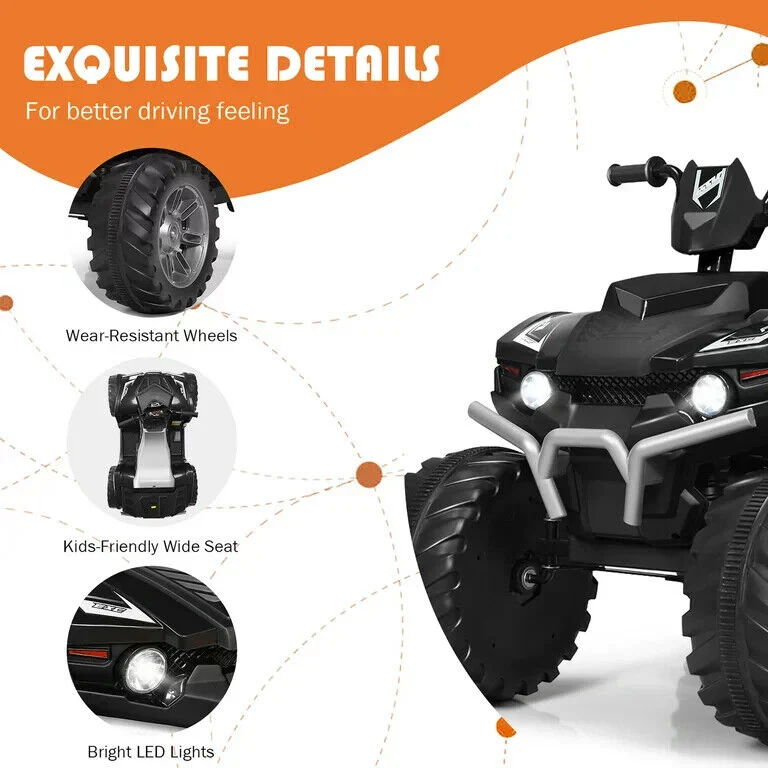 Costway 12V Kids ATV Quad Ride On Car with LED Lights, Music, and USB - Black - Image 5