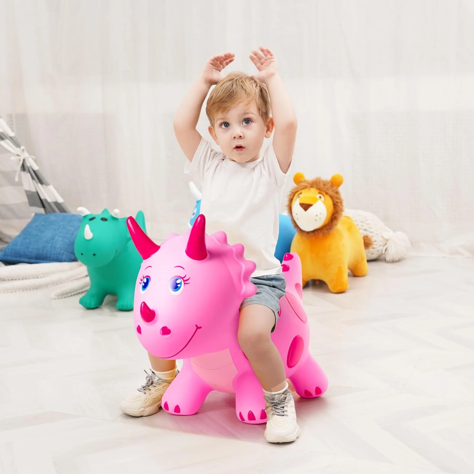 Pink Triceratops Bouncy Hopper Toy for Kids Aged 2-5, Perfect for Indoor and Outdoor Fun - Image 8