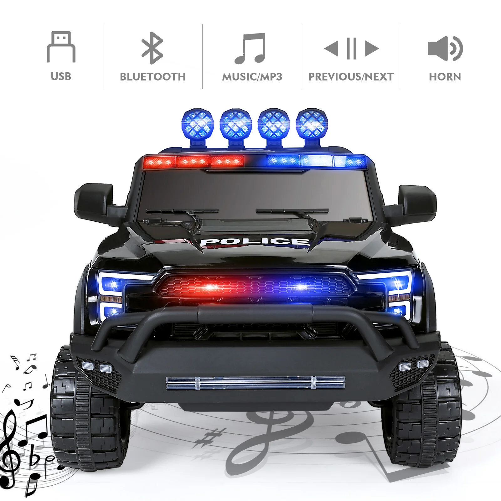 12V Electric Kids Ride-On 6-Wheel Police Truck with RC, LED Lights, and Intercom - Image 4