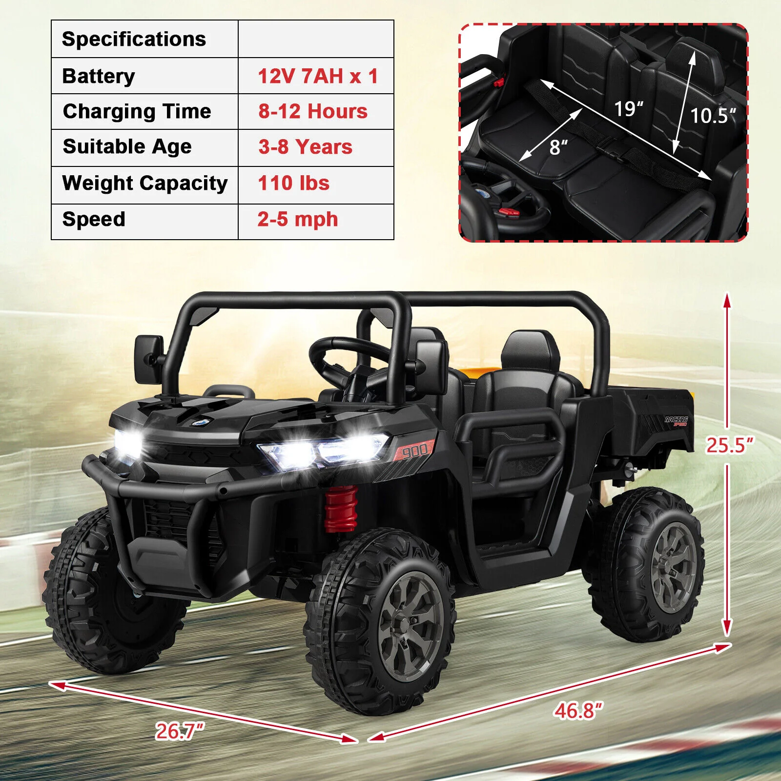 Electric 2 Seater UTV Dump Truck with Remote Control, Dump Bed, and Shovel - Black - Image 2