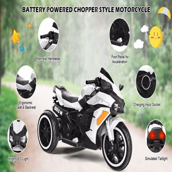 Electric Kids Touring Motorbike with LED Lights - 12V Battery Powered in White - Image 10