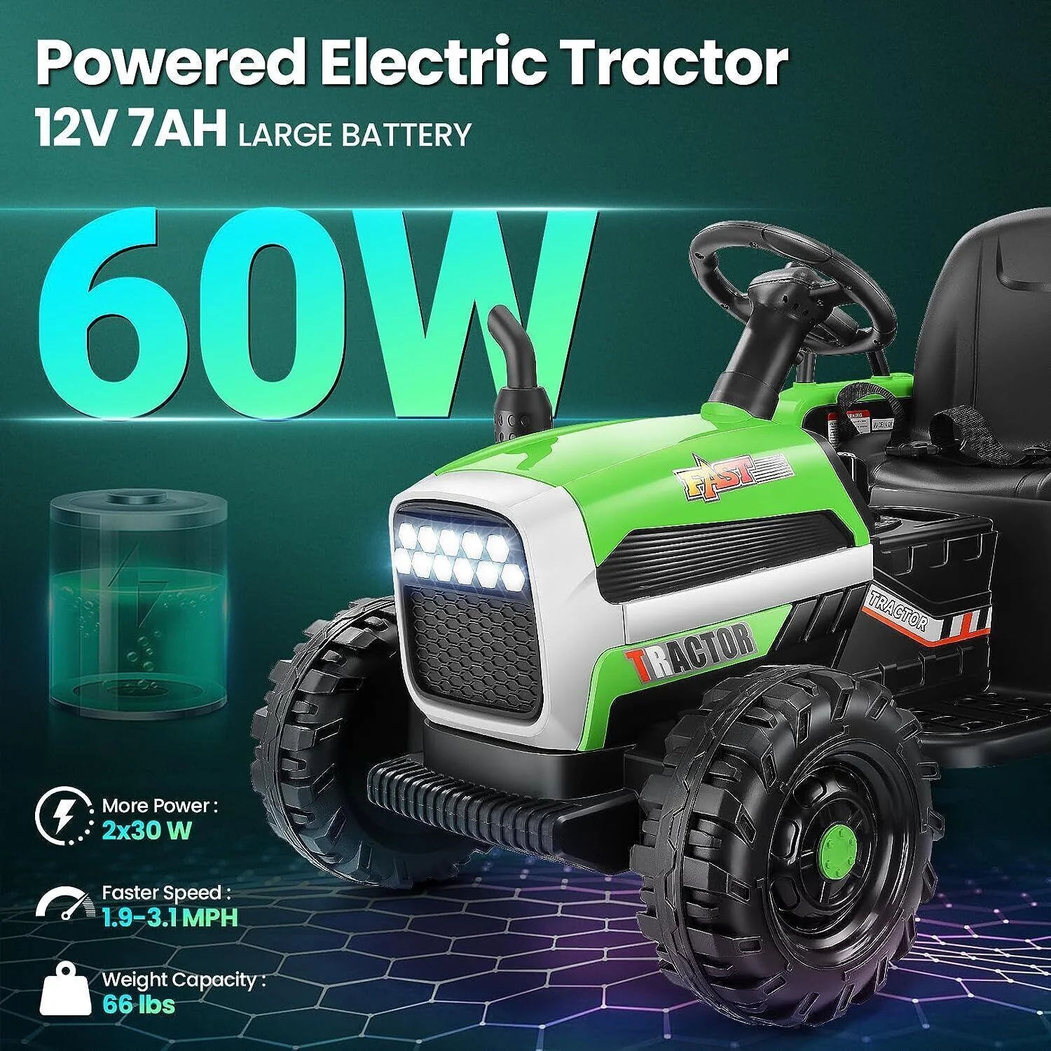 Electric Ride-On Tractor Car Toy with Trailer for Kids - 12V, 60W, 3-Speed, Remote Control and AUX Port - Image 7