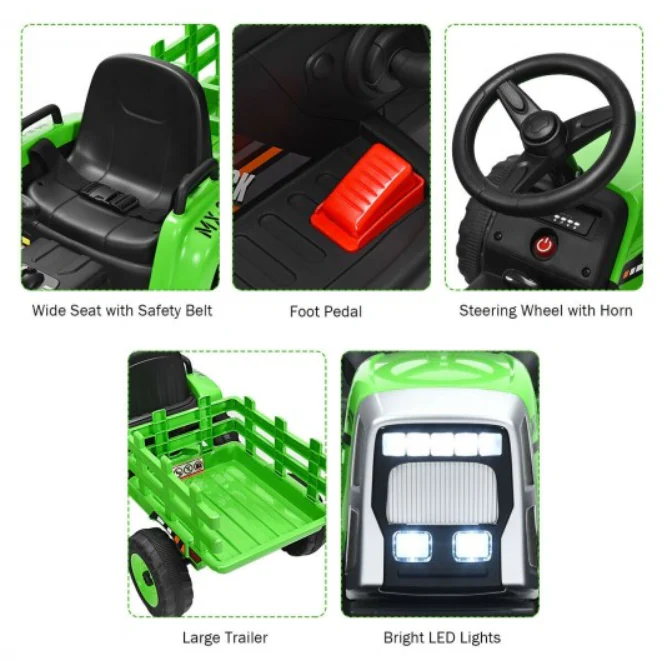Electric Ride-On Tractor for Kids with Remote Control, Detachable Trailer, Lights, and MP3 Music - Image 6