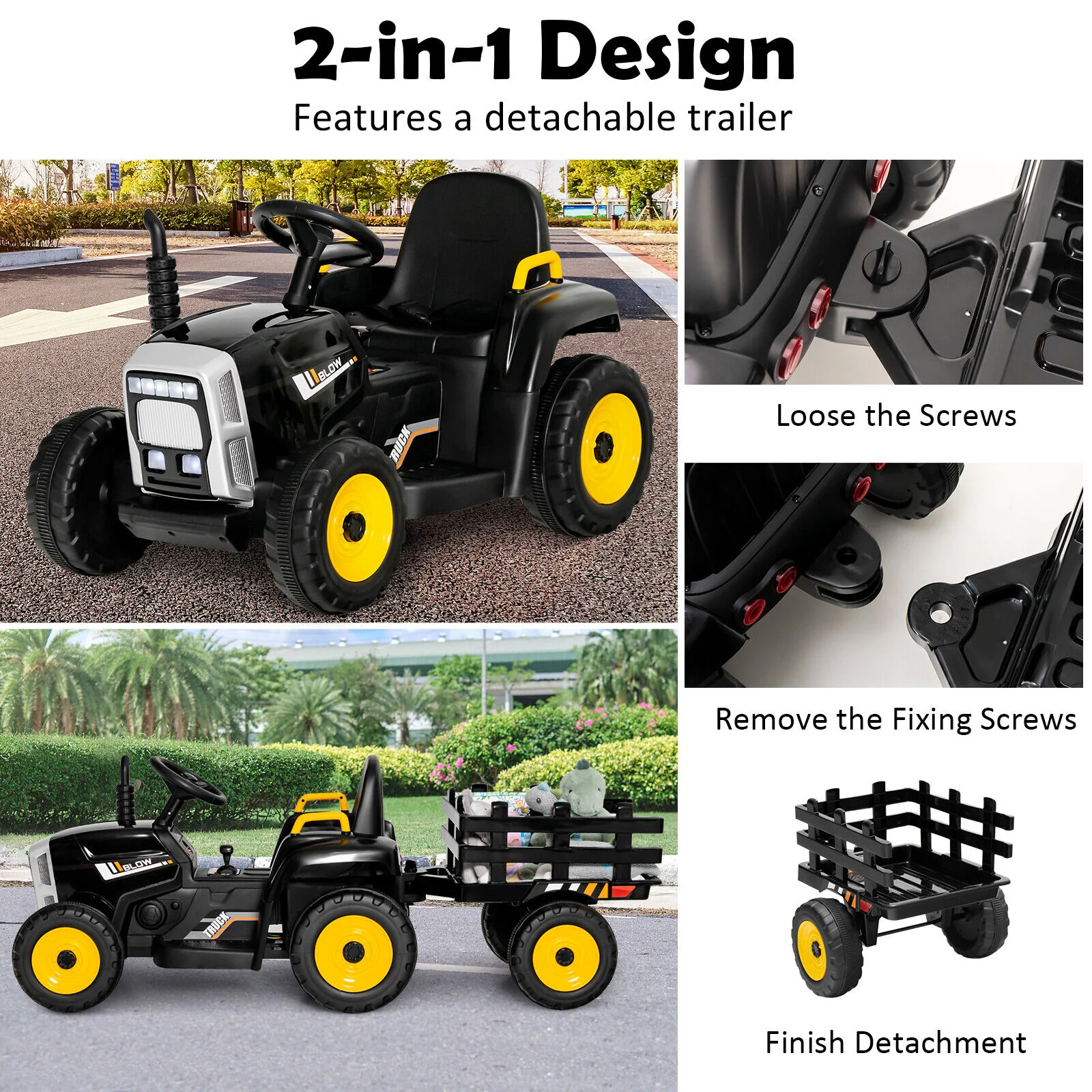Electric Ride-on Tractor with Trailer for Kids - 3 Speeds & Remote Control - Black - Image 4
