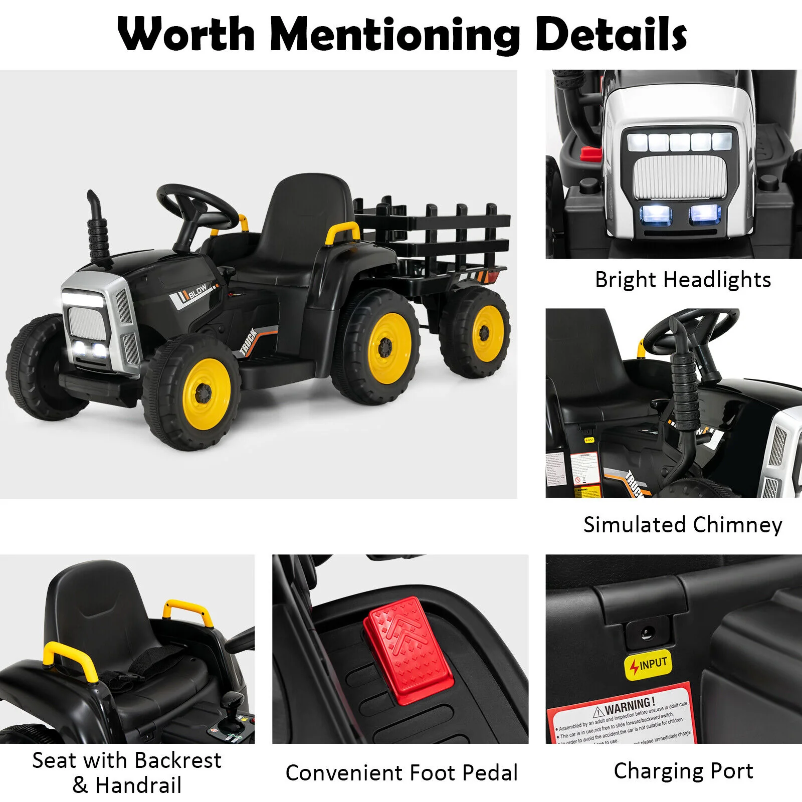 Electric Ride-on Tractor with Trailer for Kids - 3 Speeds & Remote Control - Black - Image 8