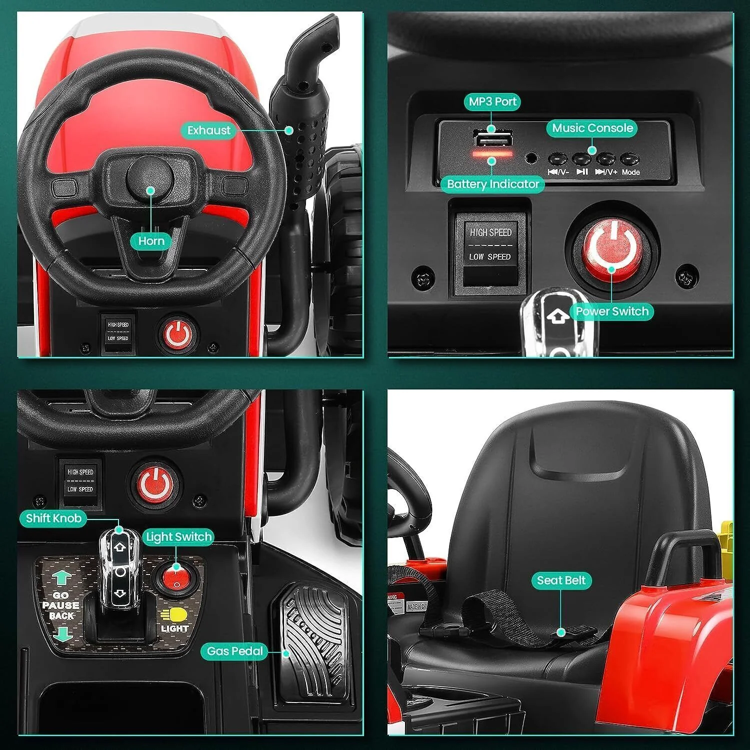 Electric Tractor for Kids with Remote Control, MP3 Player, and LED Lights - Image 13