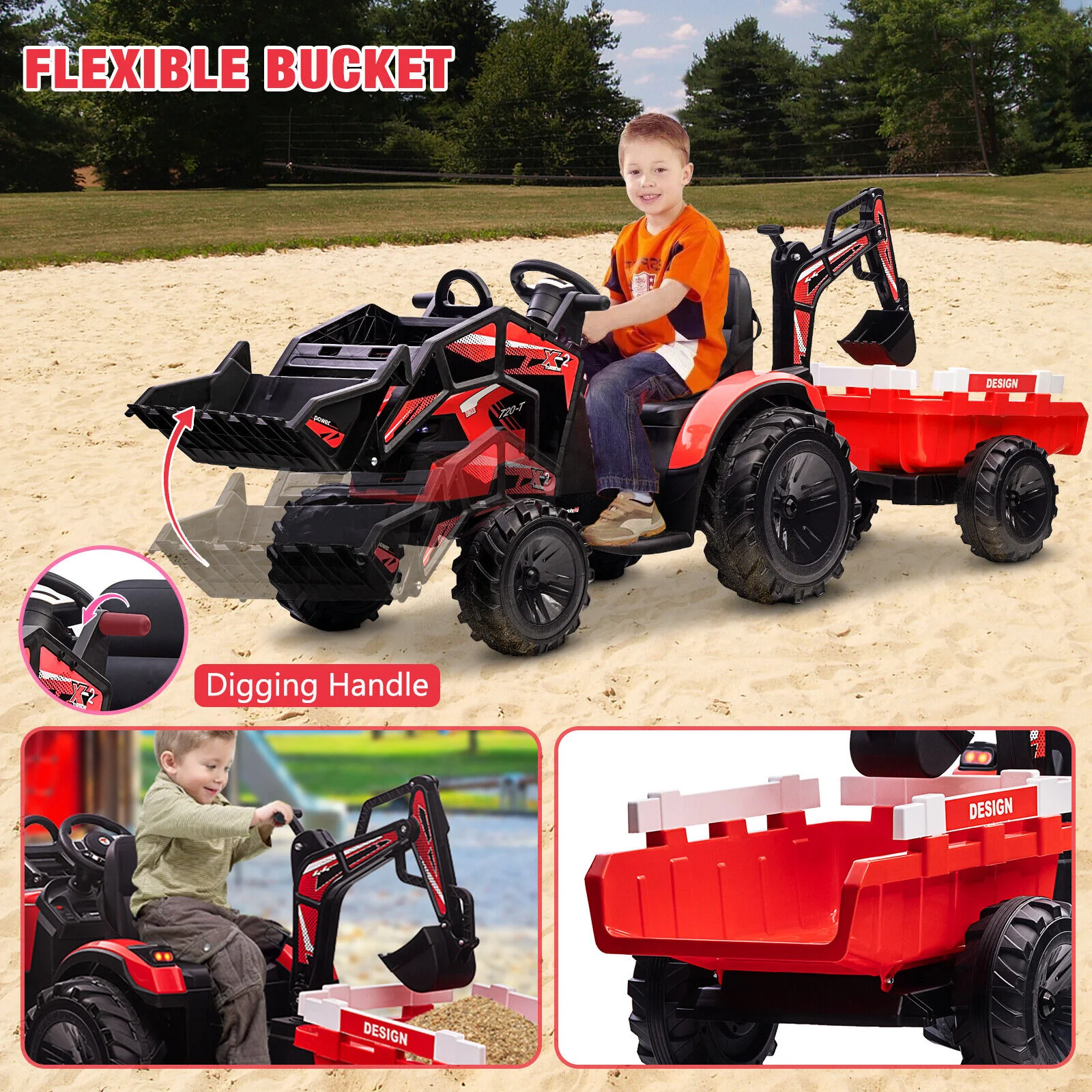 Electric Tractor Ride-On Toy Car for Kids with Trailer & LED Lights - 12V Battery Powered - Image 10