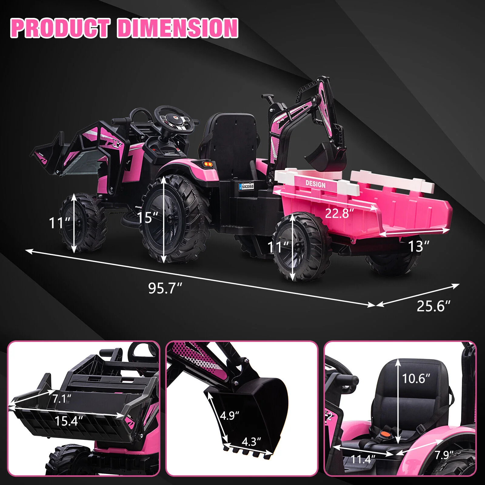 Electric Tractor Ride-On Toy Car for Kids with Trailer & LED Lights - 12V Battery Powered - Image 11