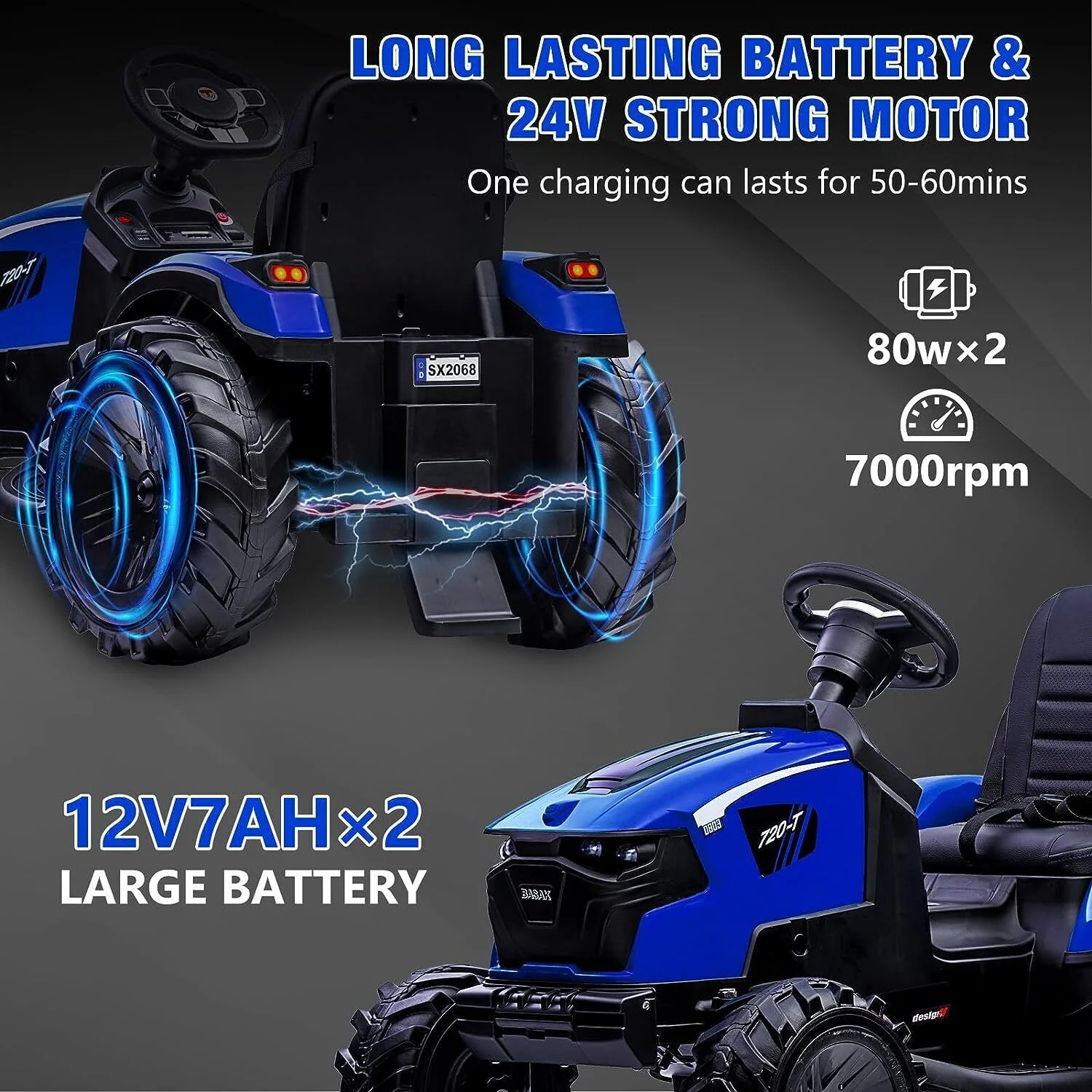 Electric Tractor Ride-On Toy Car for Kids with Trailer & LED Lights - 12V Battery Powered - Image 13
