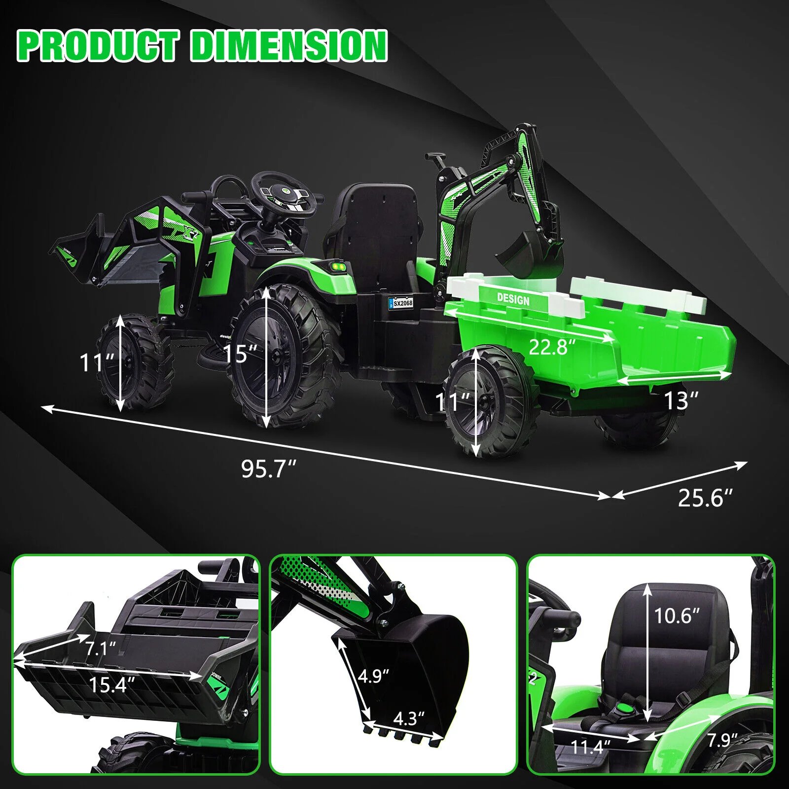 Electric Tractor Ride-On Toy Car for Kids with Trailer & LED Lights - 12V Battery Powered - Image 14