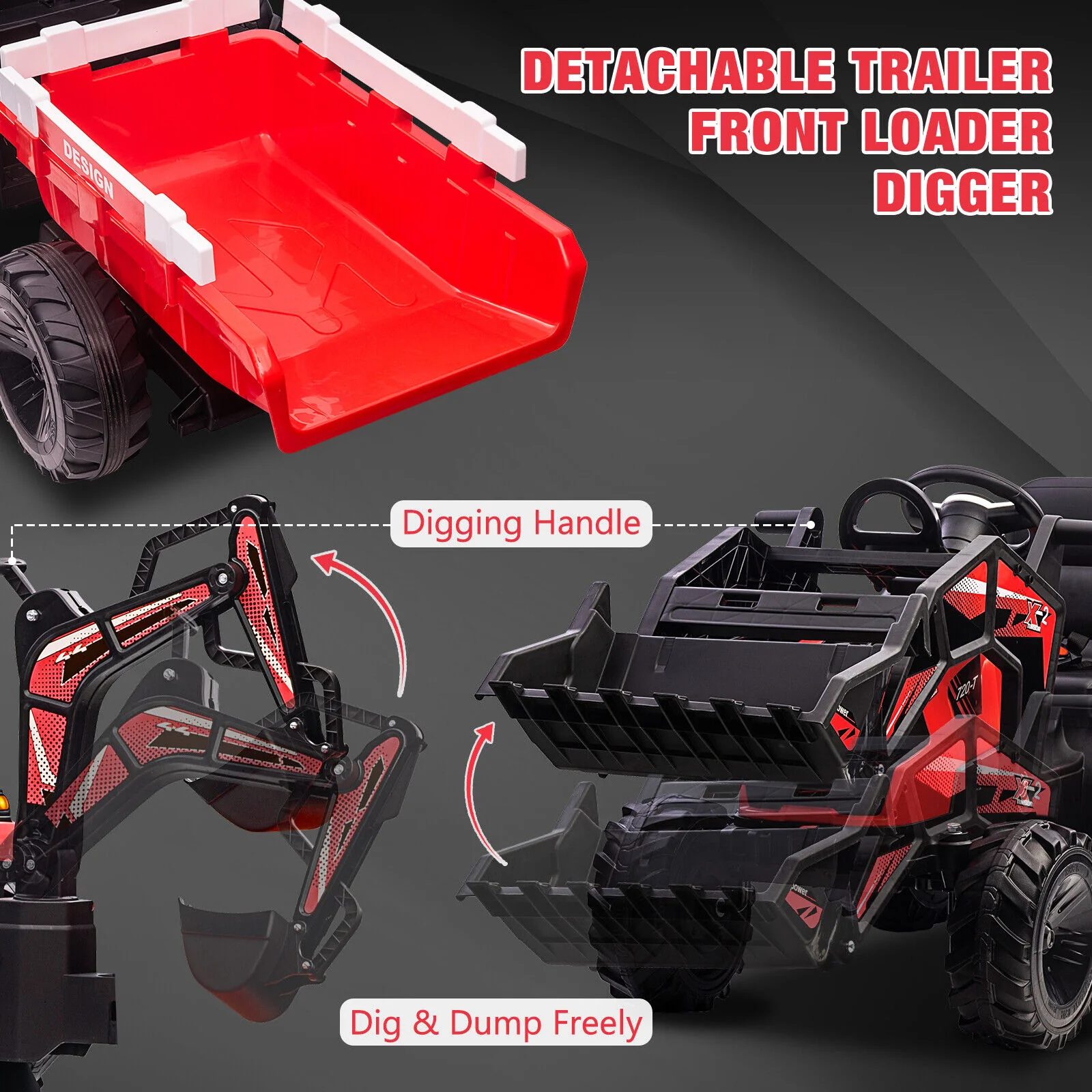Electric Tractor Ride-On Toy Car for Kids with Trailer & LED Lights - 12V Battery Powered - Image 7