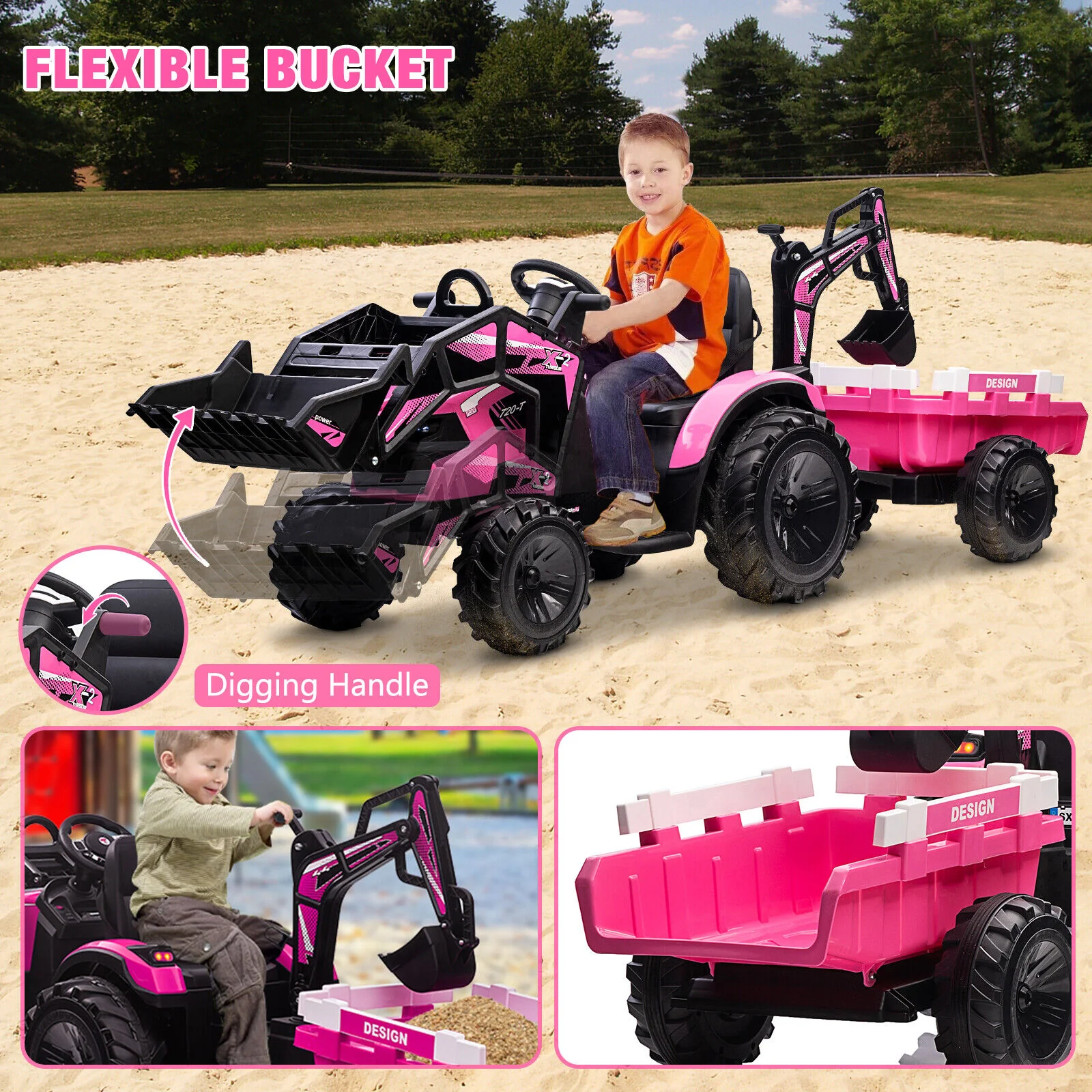 Electric Tractor Ride-On Toy Car for Kids with Trailer & LED Lights - 12V Battery Powered - Image 9