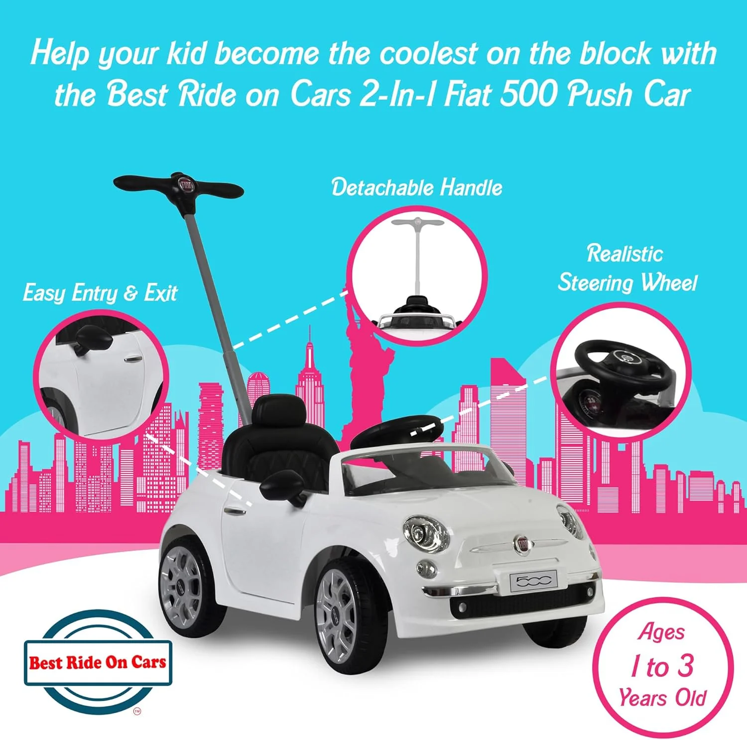 Fiat 500 Ride-On Push Toy Car Stroller for Toddlers Ages 1 to 3 Years - Image 2