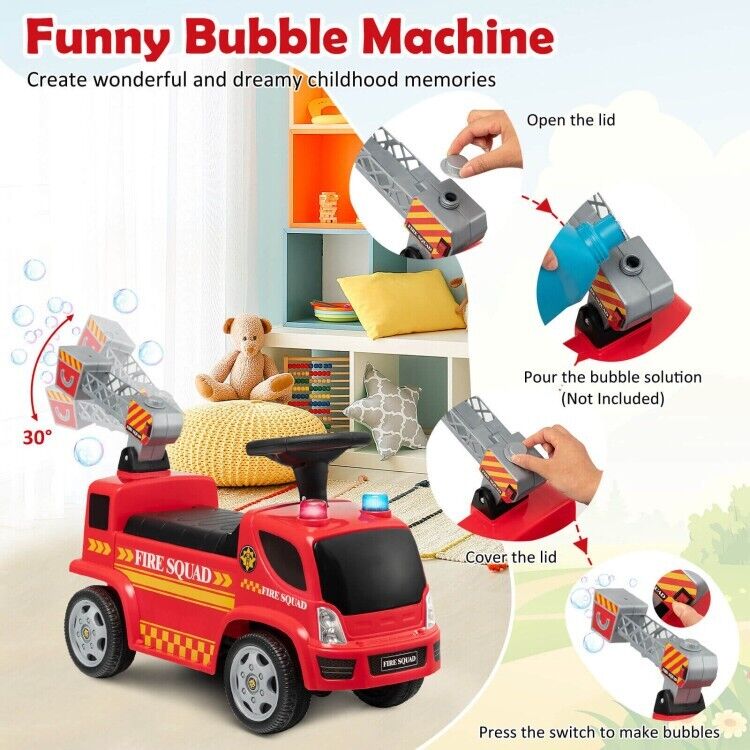 Fire Truck Foot-to-Floor Push Car with Music & Bubble Maker for Kids - Image 17