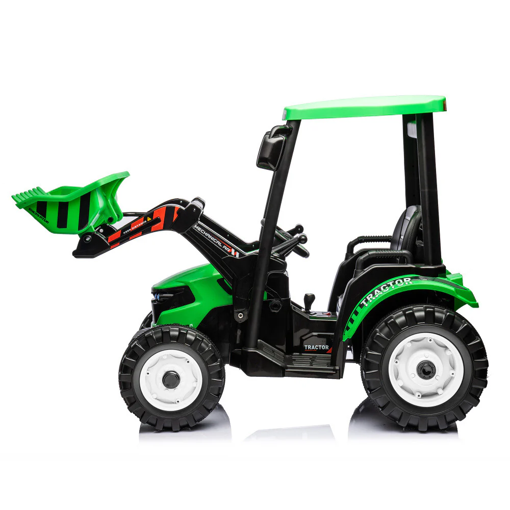 Kids 24V Ride-On Pedal Tractor with Loader, Backhoe, and Trailer - Green - Image 7
