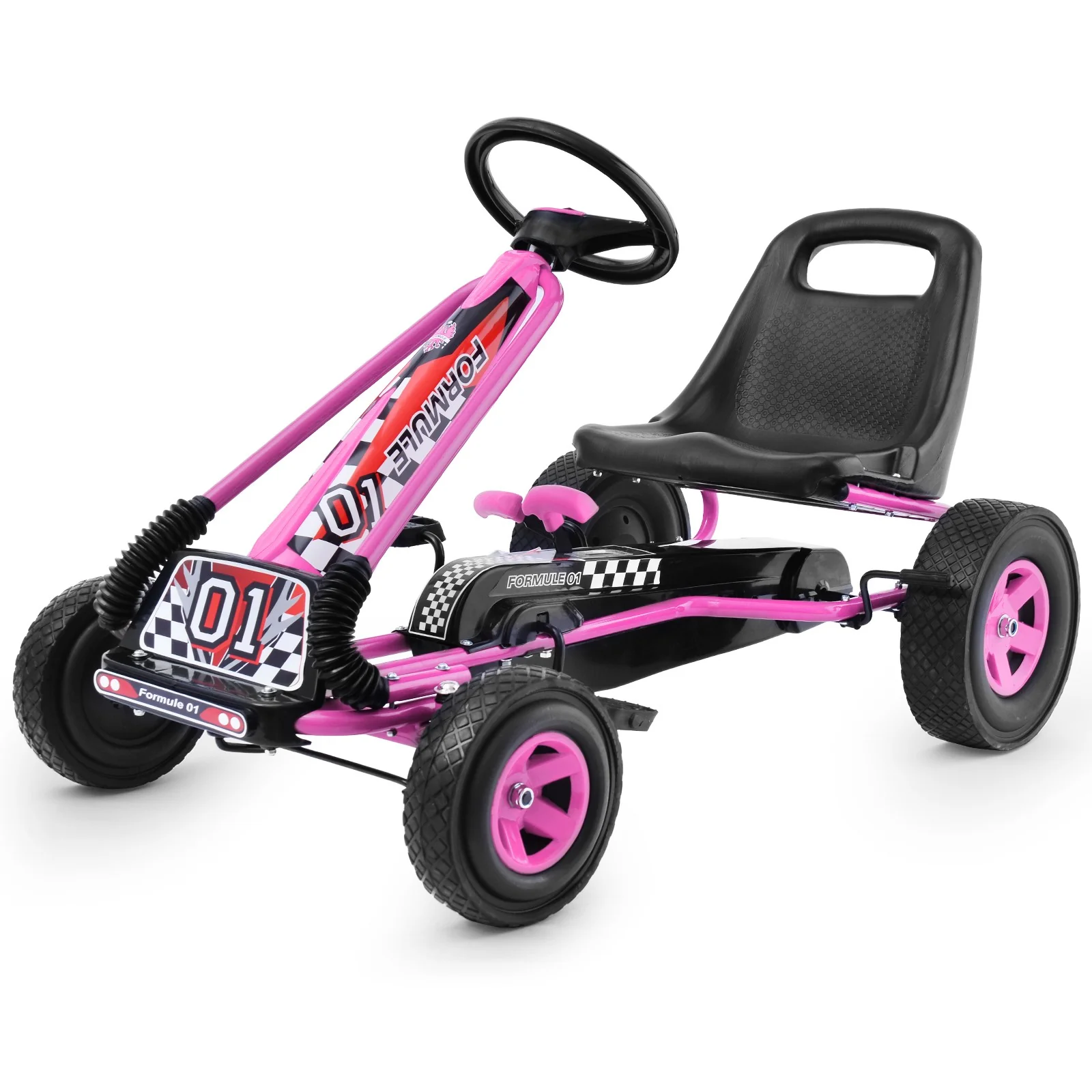 Kids 4-Wheel Pedal-Powered Ride-On Kart with Adjustable Seat Pink - Image 9