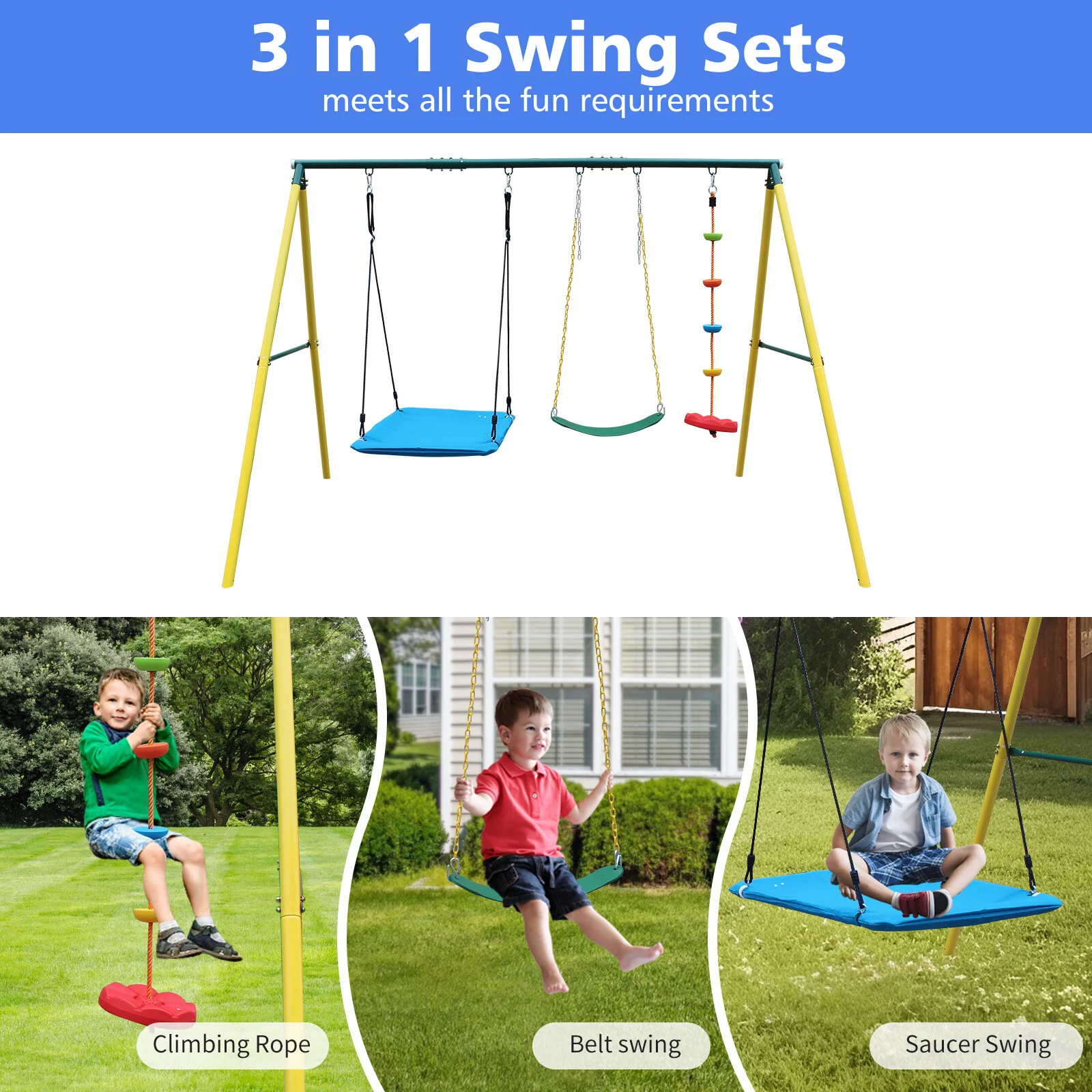 Indoor & Outdoor Metal Swing Set with Safety Belt for Backyard Play - Image 2