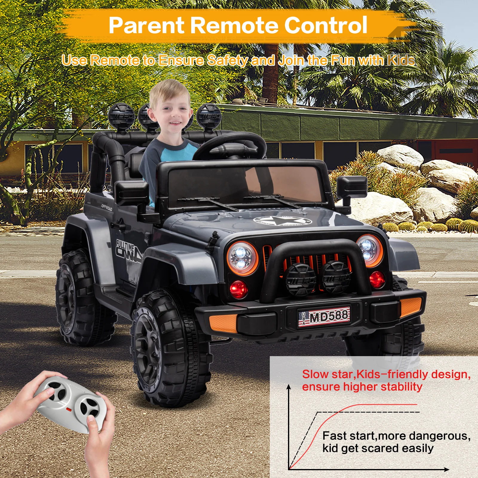 Jeep Kids Ride On Car with Parent Remote Control, Customizable Stickers, and LED Lights - 12V - Image 18