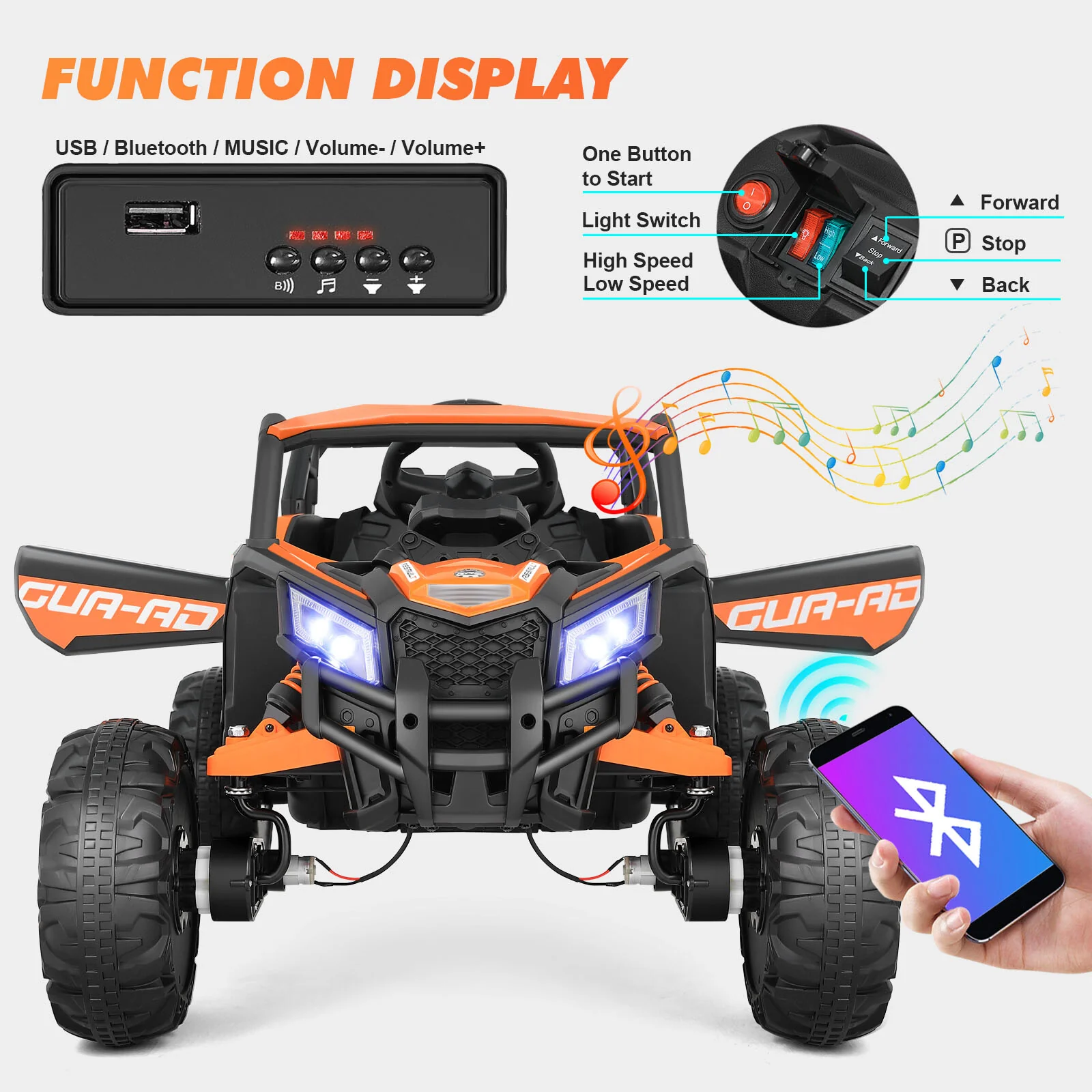 Orange 12V Electric Ride-On UTV Car for Kids with 3 Speeds, Music, and Remote Control - Image 4