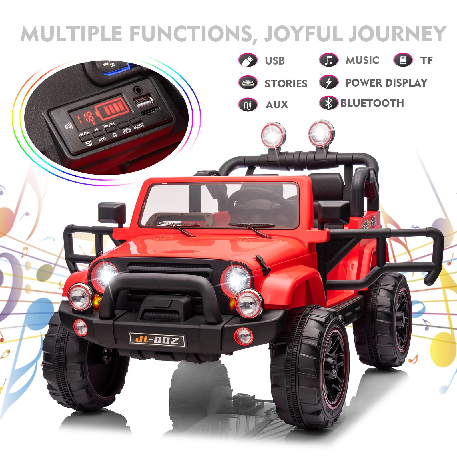 12V Red Kids 2-Seater Ride-On Truck with LED Lights, Music, and Remote Control Battery-Powered Car - Image 3