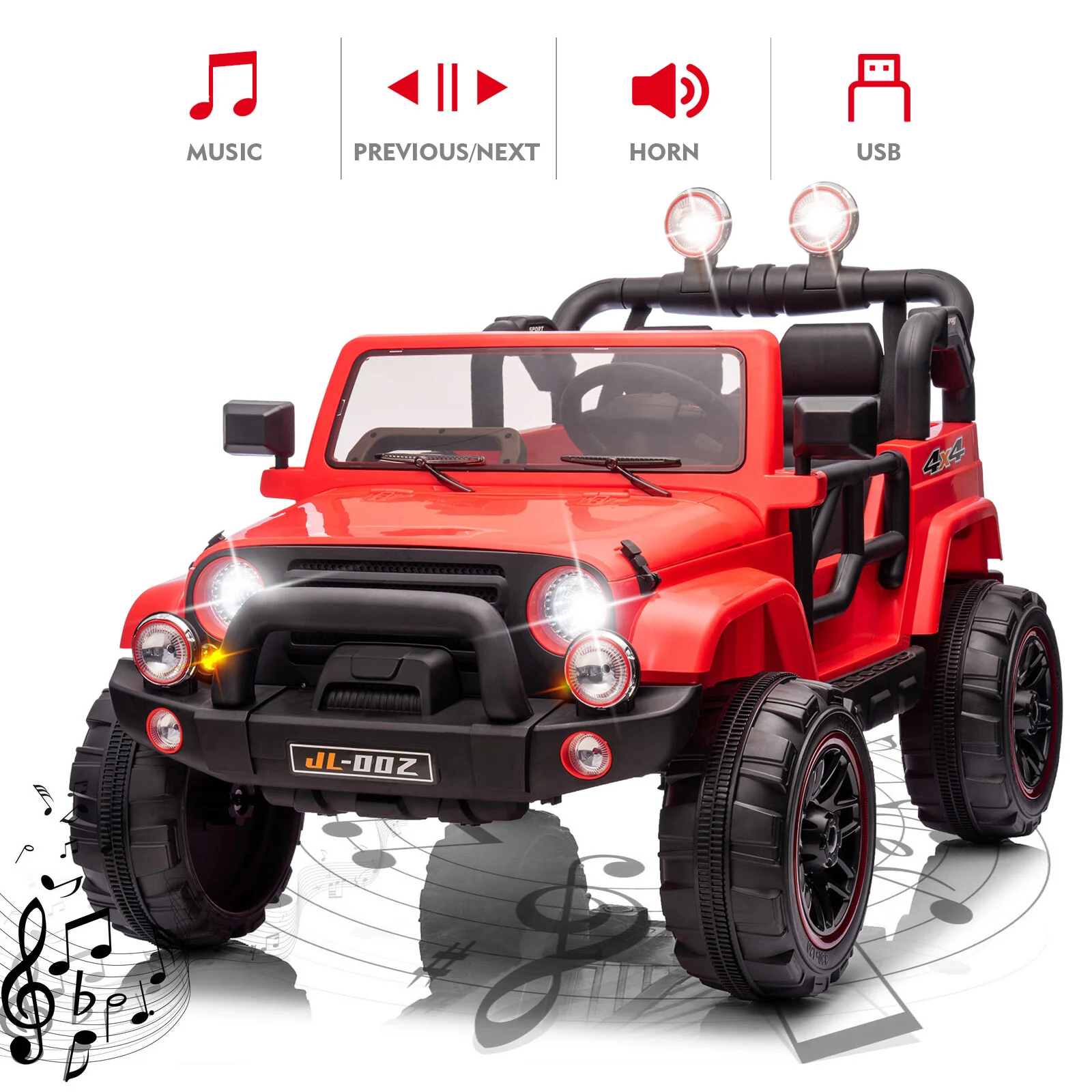 12V Red Kids 2-Seater Ride-On Truck with LED Lights, Music, and Remote Control Battery-Powered Car - Image 4