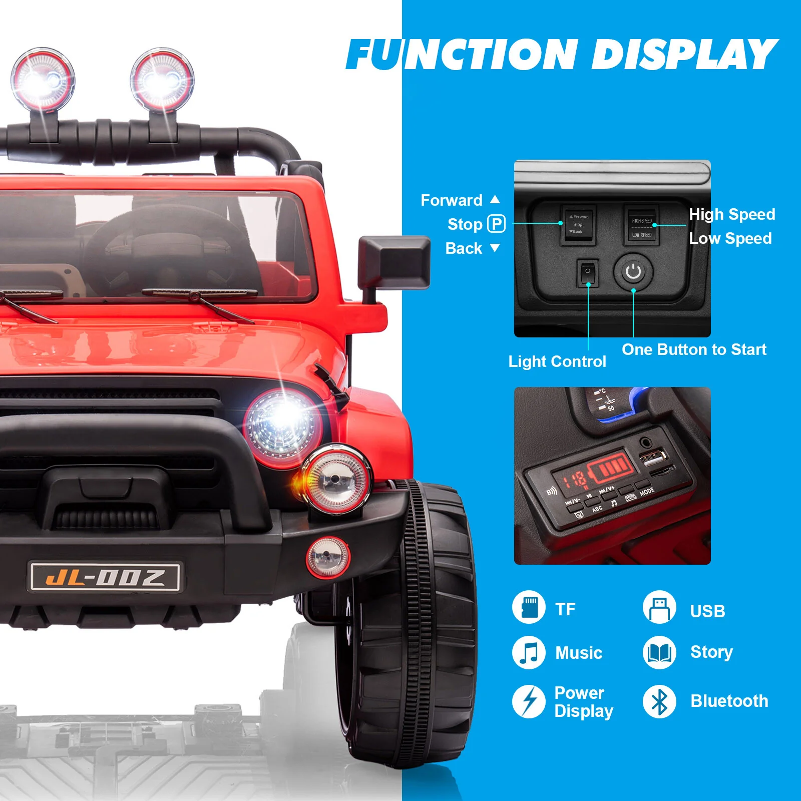 12V Red Kids 2-Seater Ride-On Truck with LED Lights, Music, and Remote Control Battery-Powered Car - Image 5