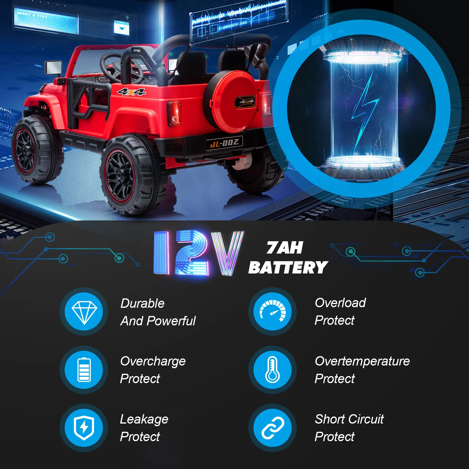 12V Red Kids 2-Seater Ride-On Truck with LED Lights, Music, and Remote Control Battery-Powered Car - Image 6