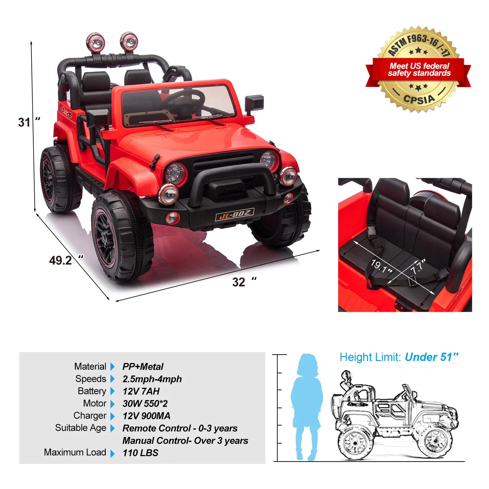 Red 12V Electric Kids Ride-On Truck with 3 Speeds, MP3, LED Lights, Cover, and Remote Control - Image 3