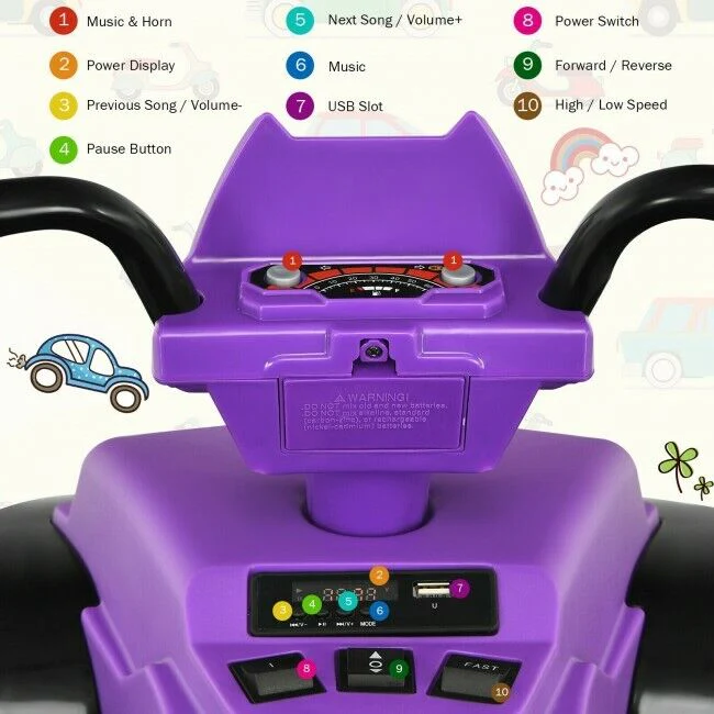 Kids 4-Wheeler ATV Quad Ride On Car with LED Light & Music - Purple - Image 10