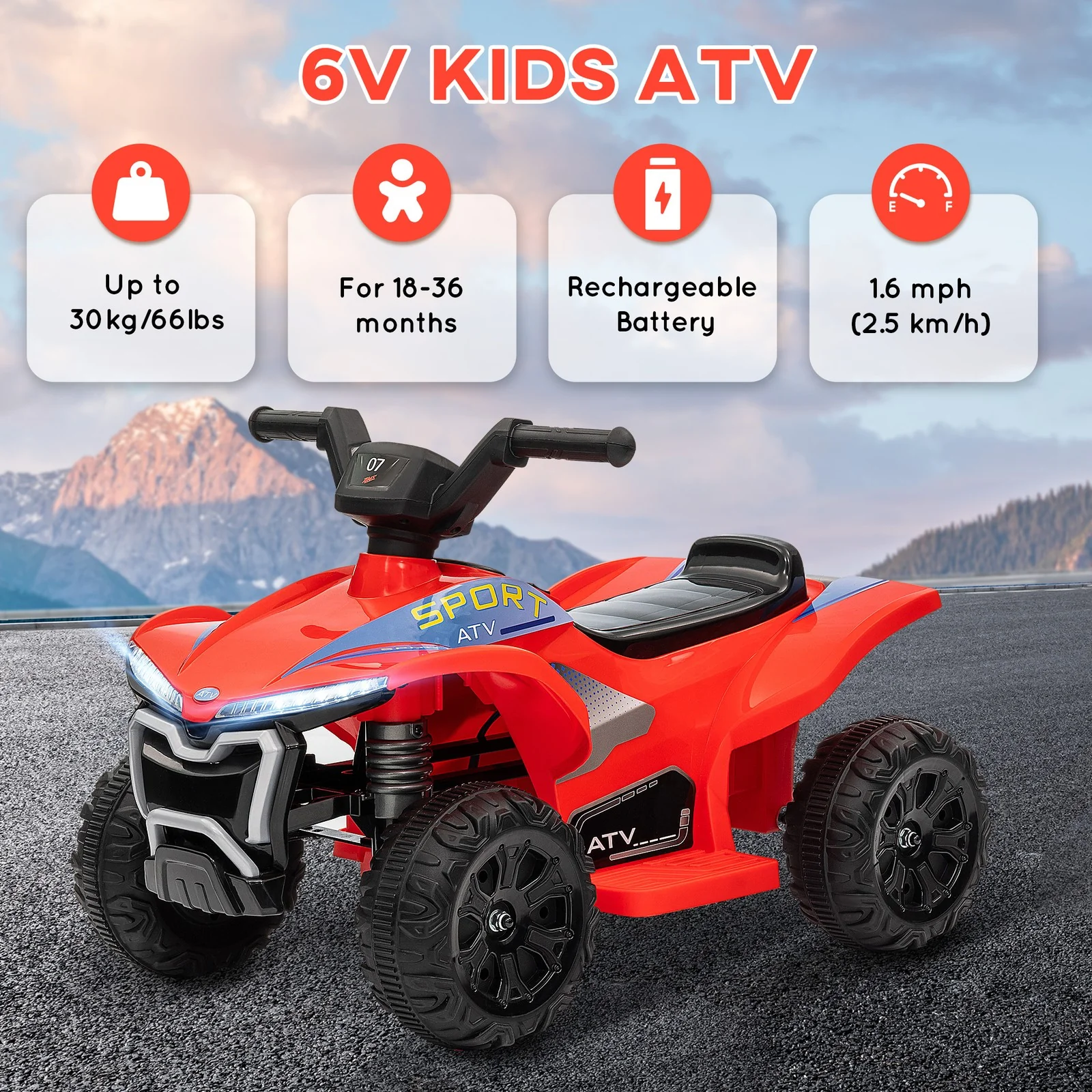 Kids 6V Ride-On ATV Quad with Rechargeable Battery Red - Image 8