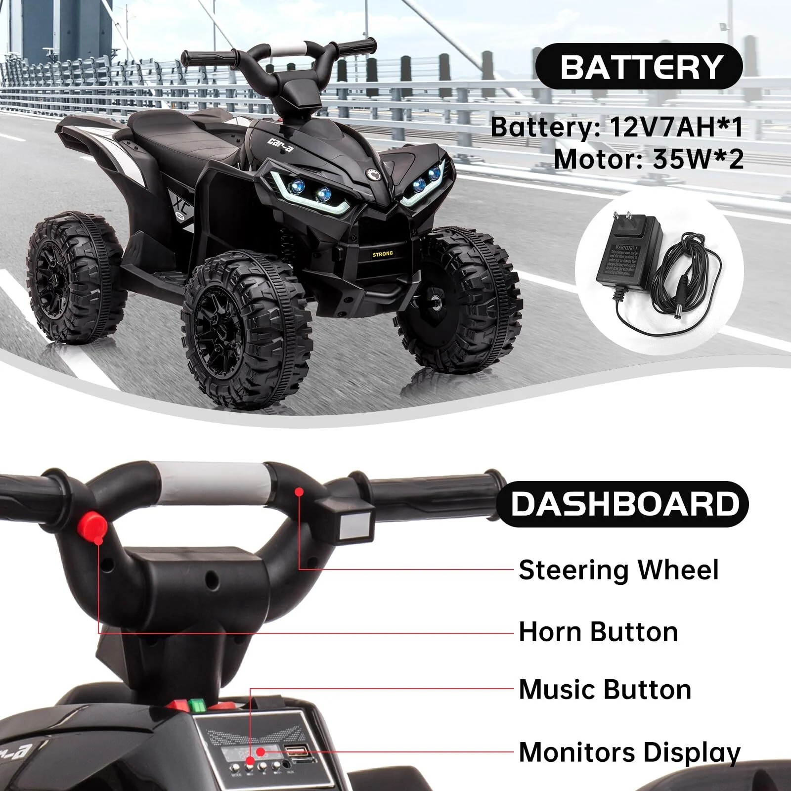 Kids 12V Battery-Powered 4-Wheeler ATV Ride-On Toy with LED Lights - Image 3