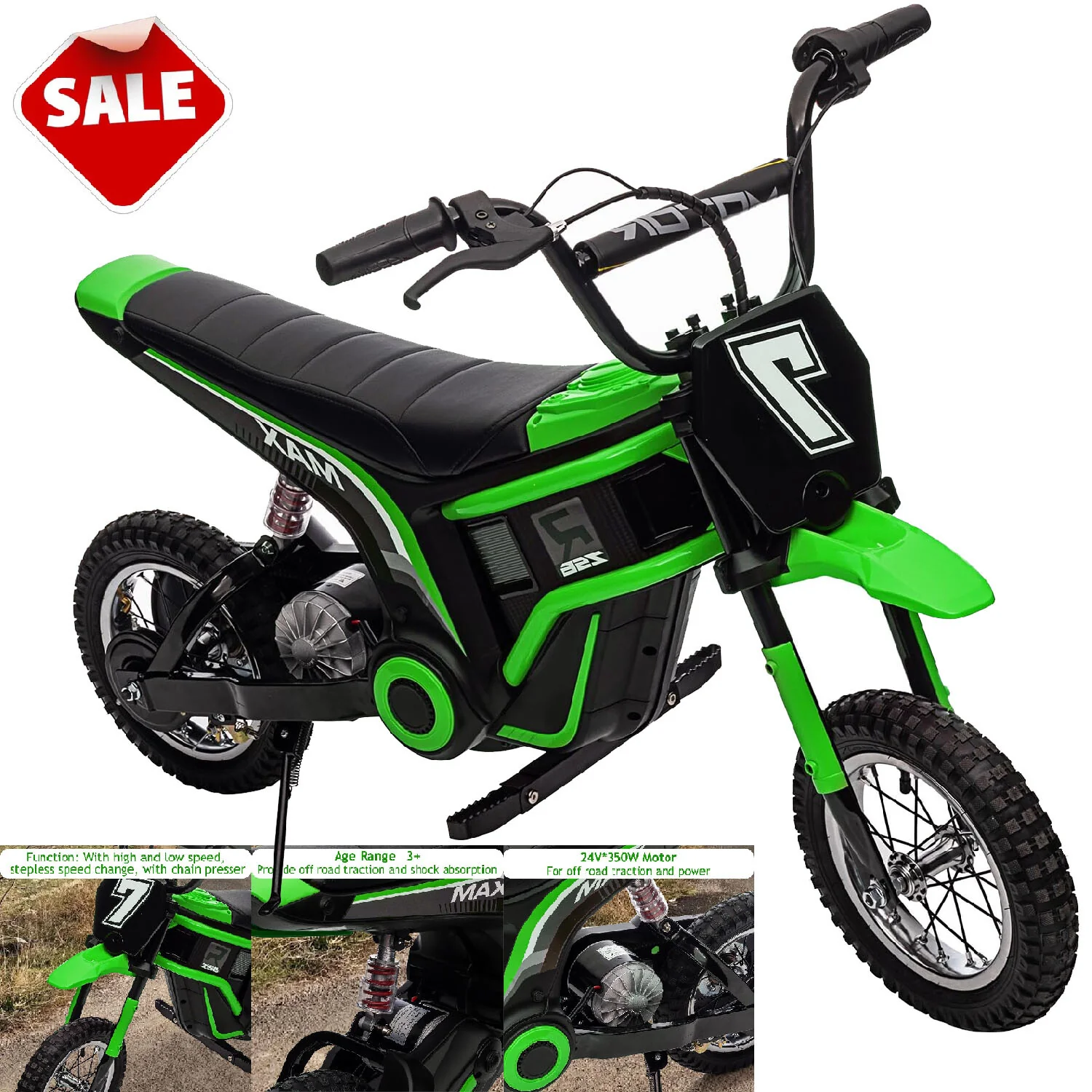 Kids 350W Electric Motocross Dirt Bike with 24V Battery Green - Image 8