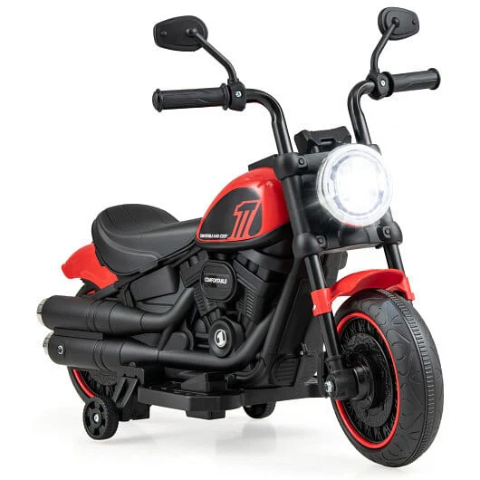 Kids Electric Motorcycle with Training Wheels and LED Headlights in Red