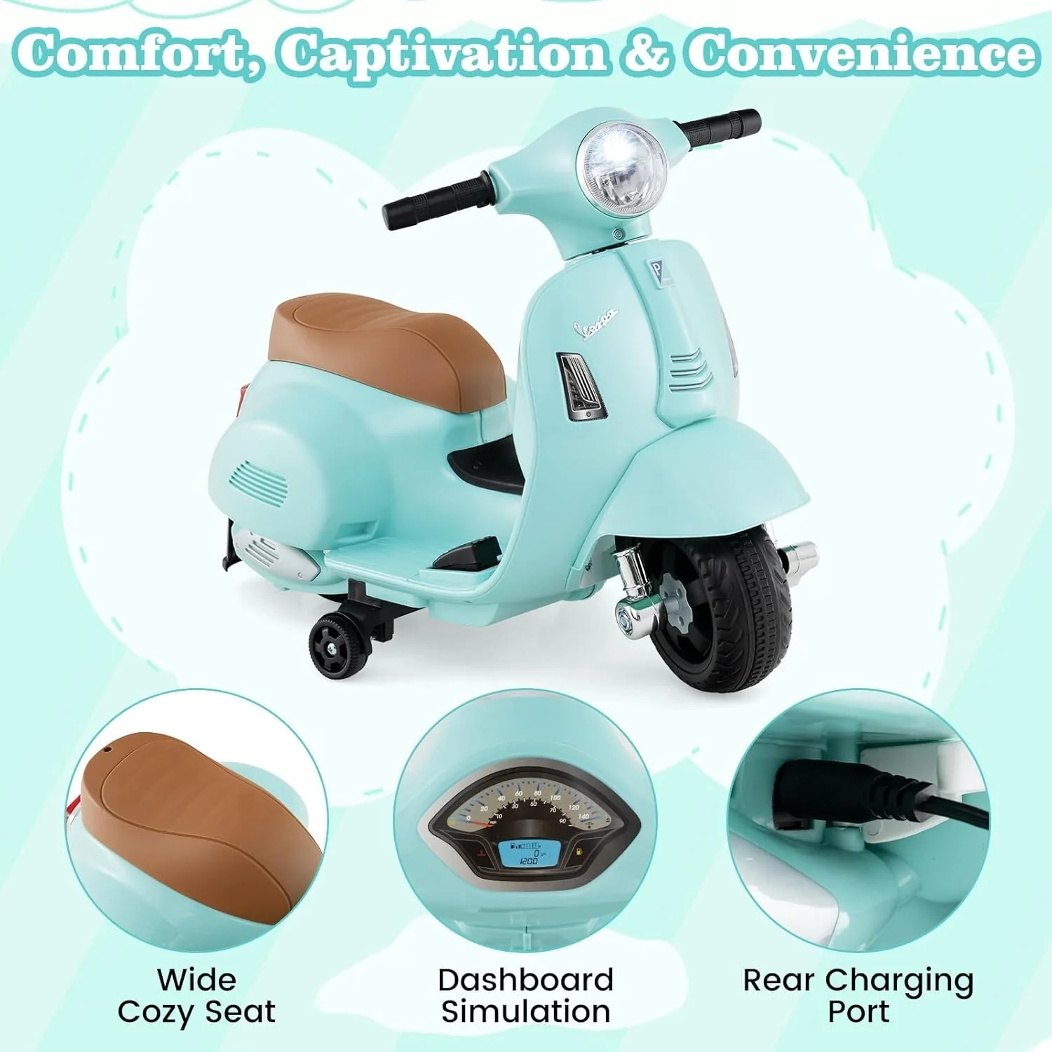 Kids Electric Vespa Motorcycle with Training Wheels and Realistic Design - Image 3