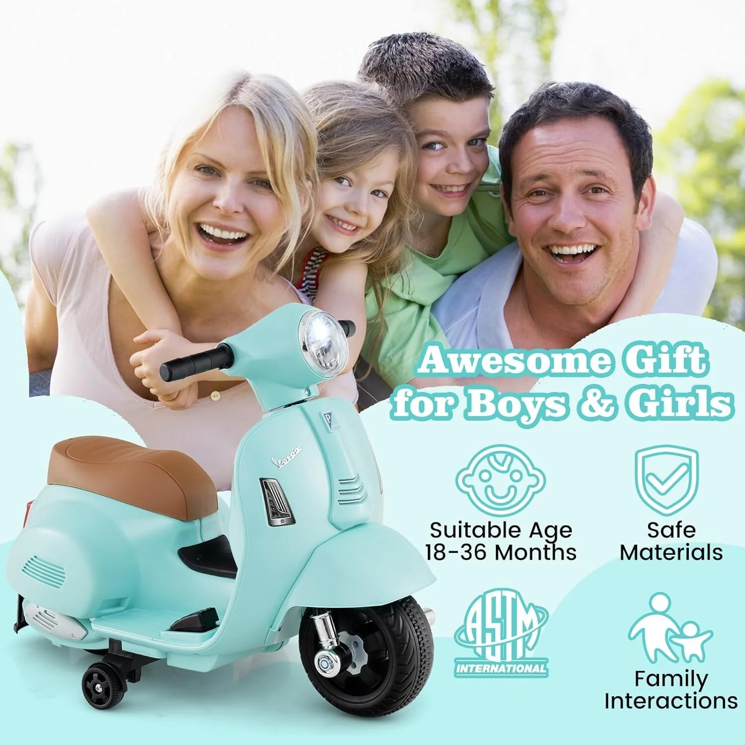 Kids Electric Vespa Motorcycle with Training Wheels and Realistic Design - Image 4