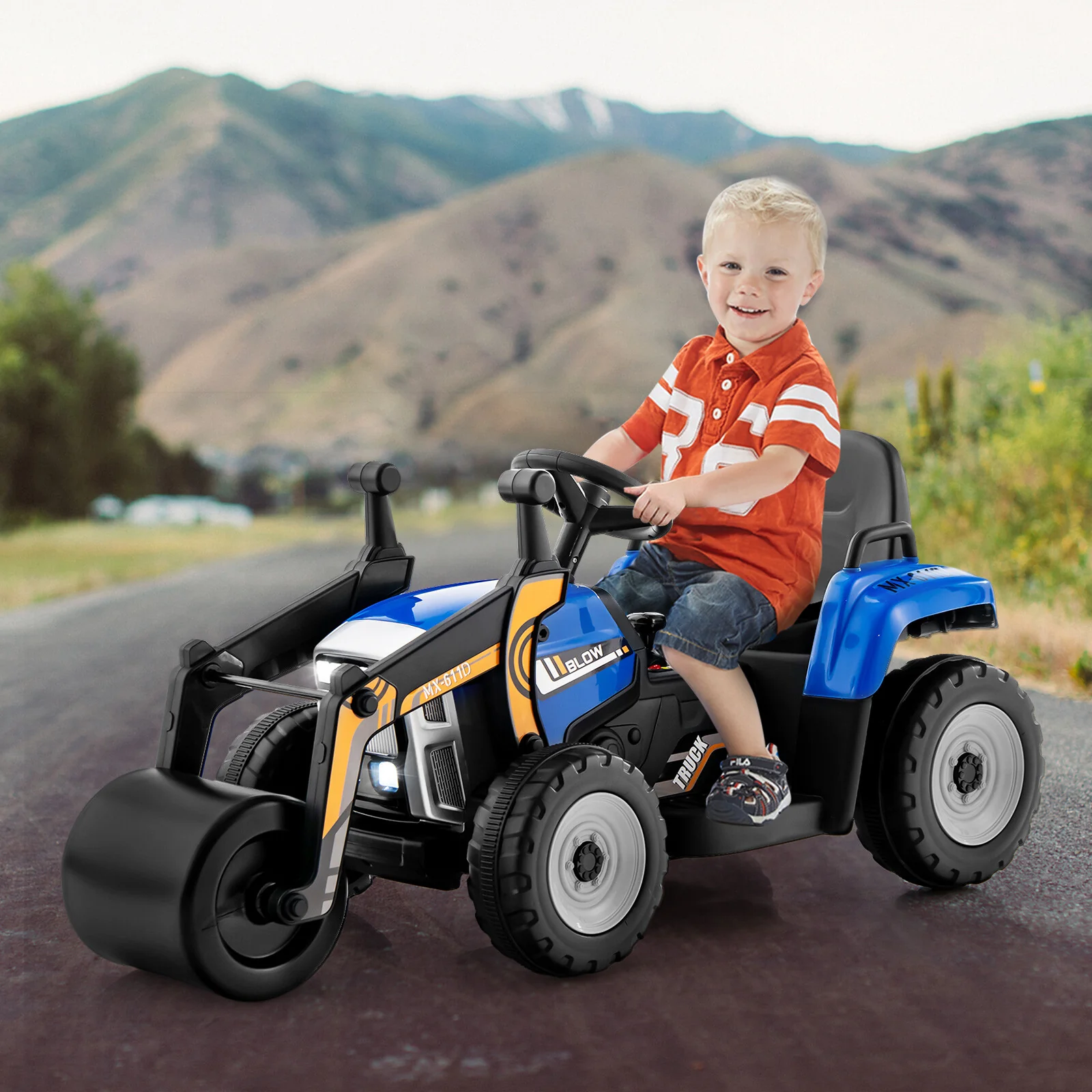 12V Electric Ride-On Tractor for Kids with Remote Control, LED Lights, and Music – Blue - Image 4