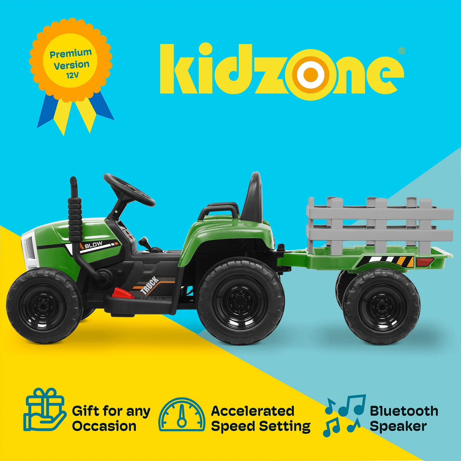 Kidzone 12V Electric Tractor with Trailer Ride-On Toy, Dual Speeds - Image 3
